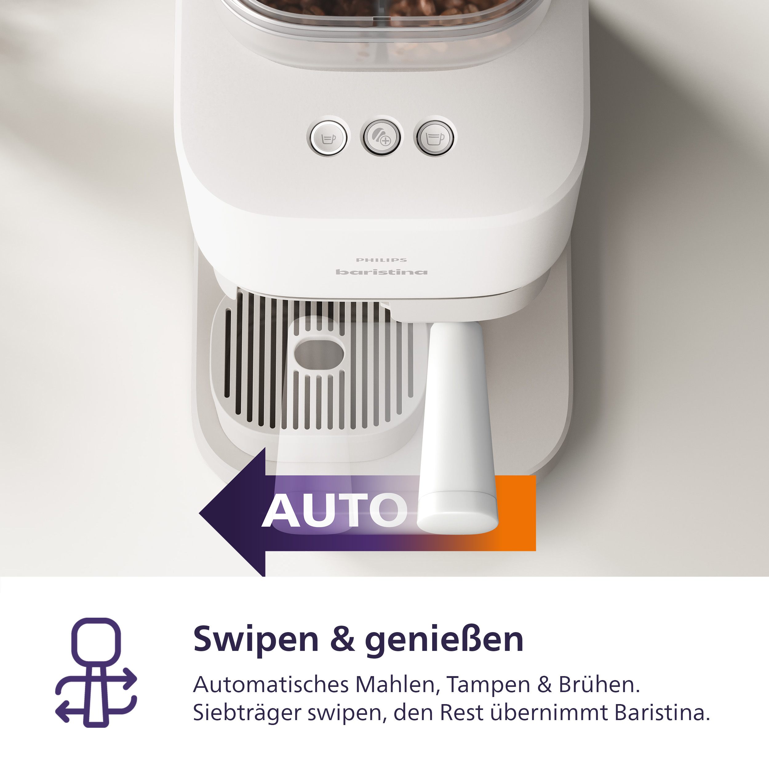 Weiße Kaffeemaschine mit Kaffeebohnen im Behälter und AUTO-Anzeige.