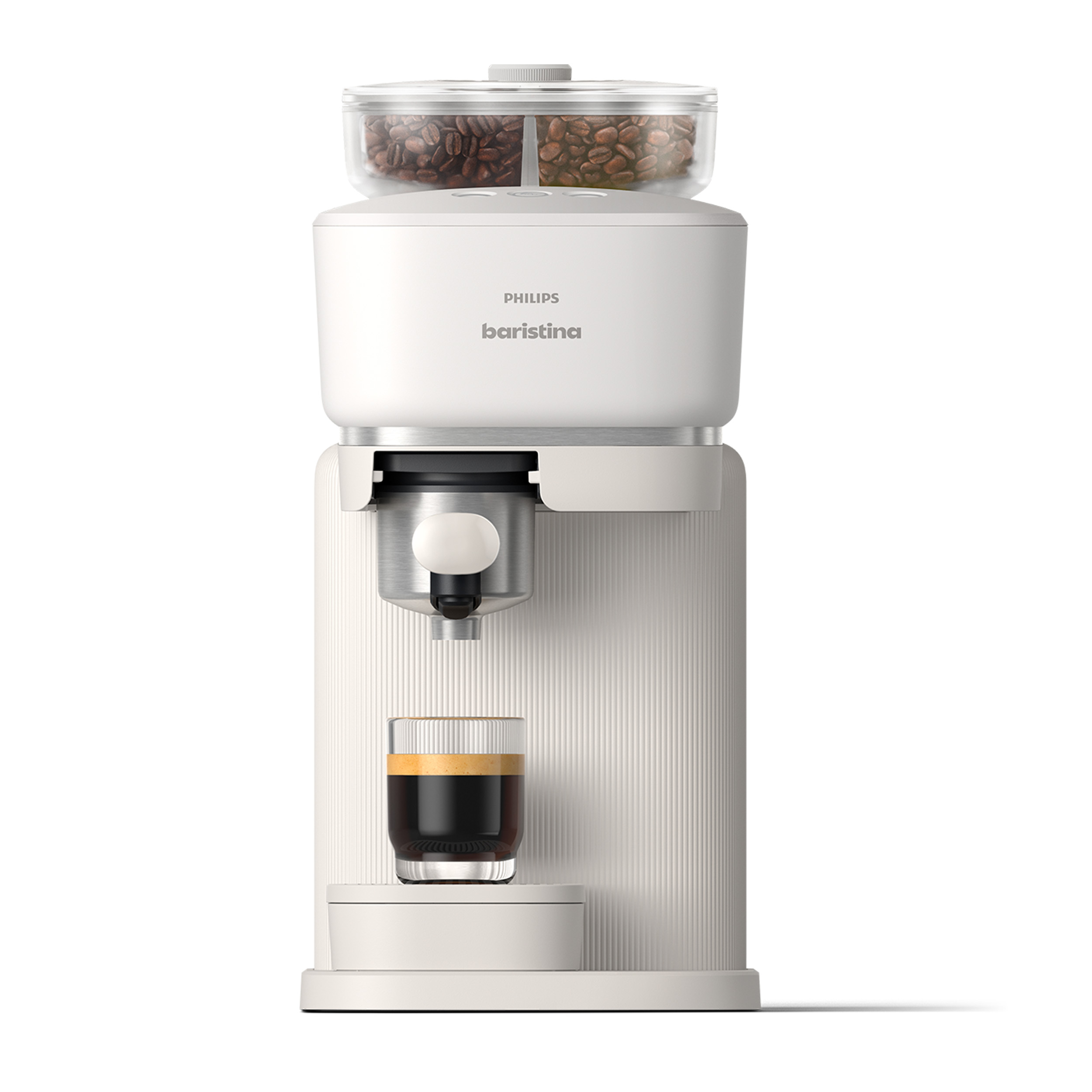 Eine weiße Philips Baristina Kaffeemaschine mit zwei Bohnenbehältern und einem Glas Espresso.
