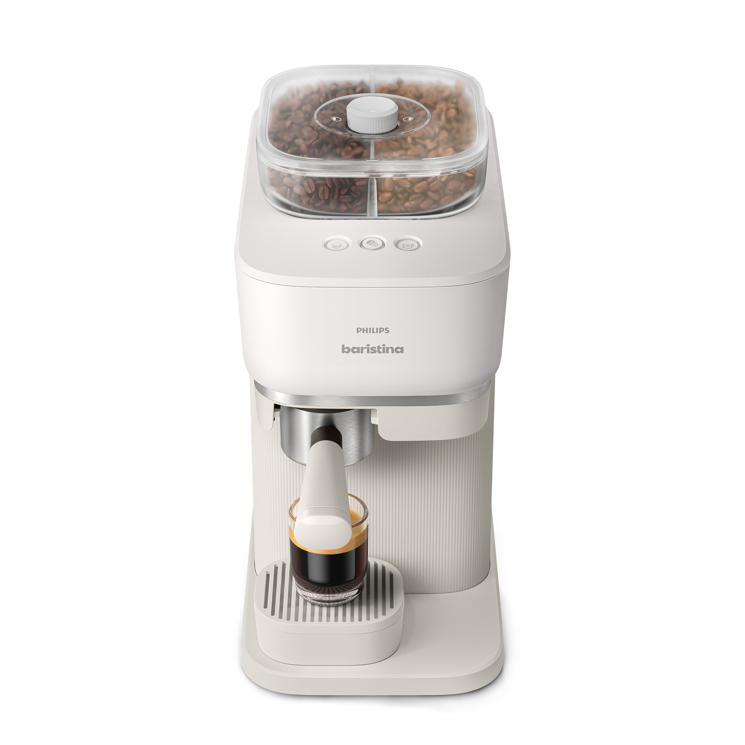 Eine weiße Philips Barista Kaffeemaschine mit Kaffeebohnen und einem Espresso im Glas.