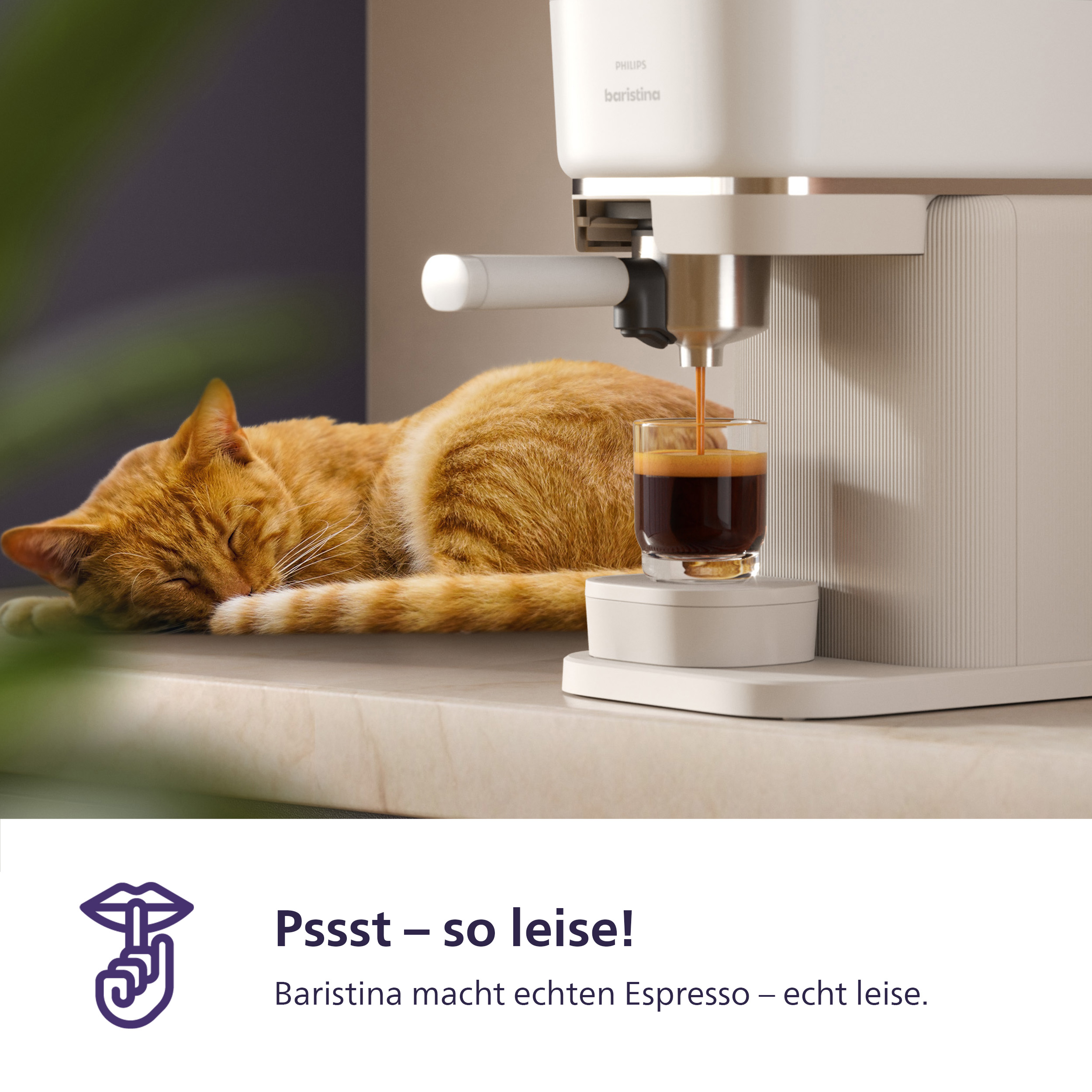 Eine Katze schläft neben einer Espressomaschine, die Kaffee brüht.