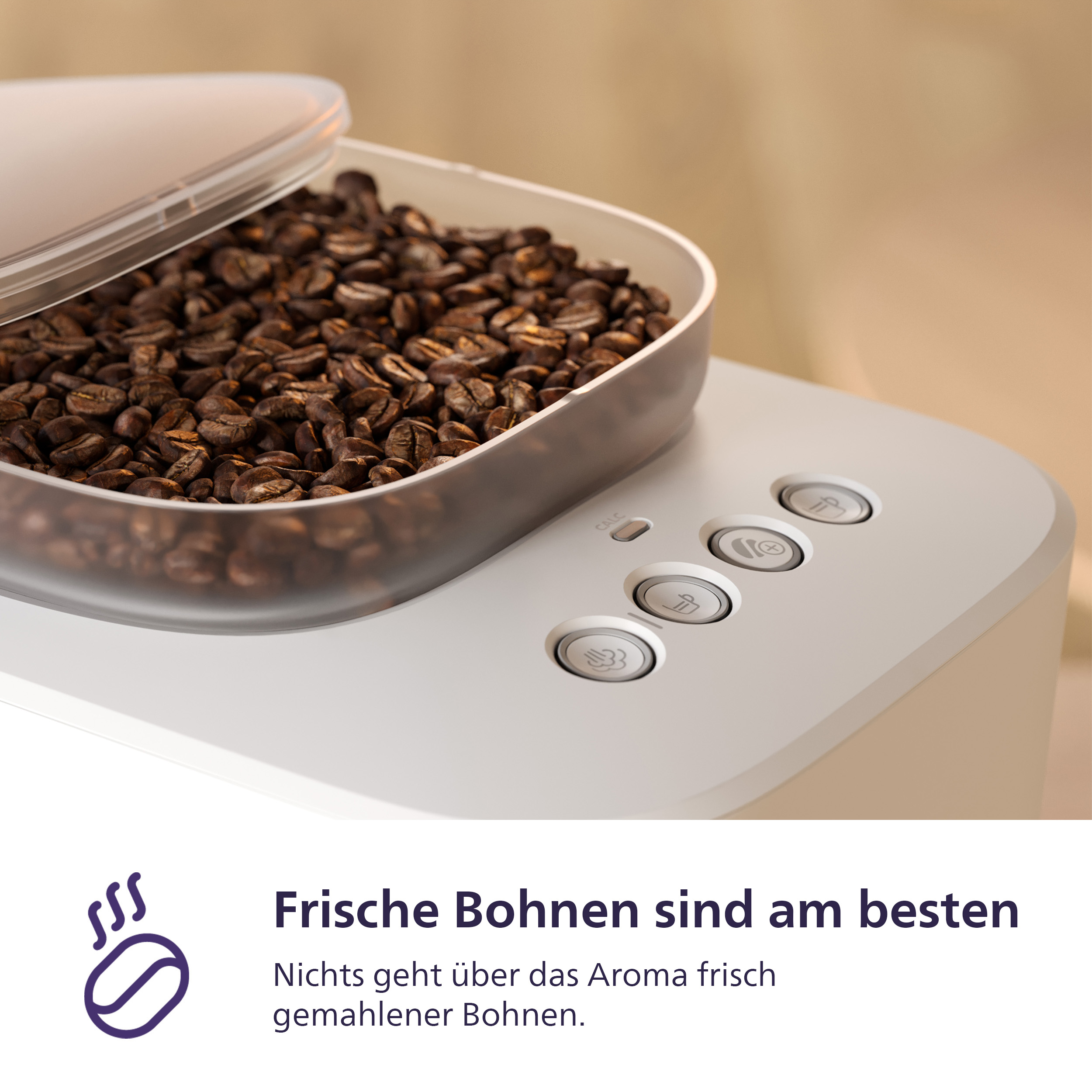 Kaffeemaschine mit vollem Bohnenbehälter und Bedienelementen.