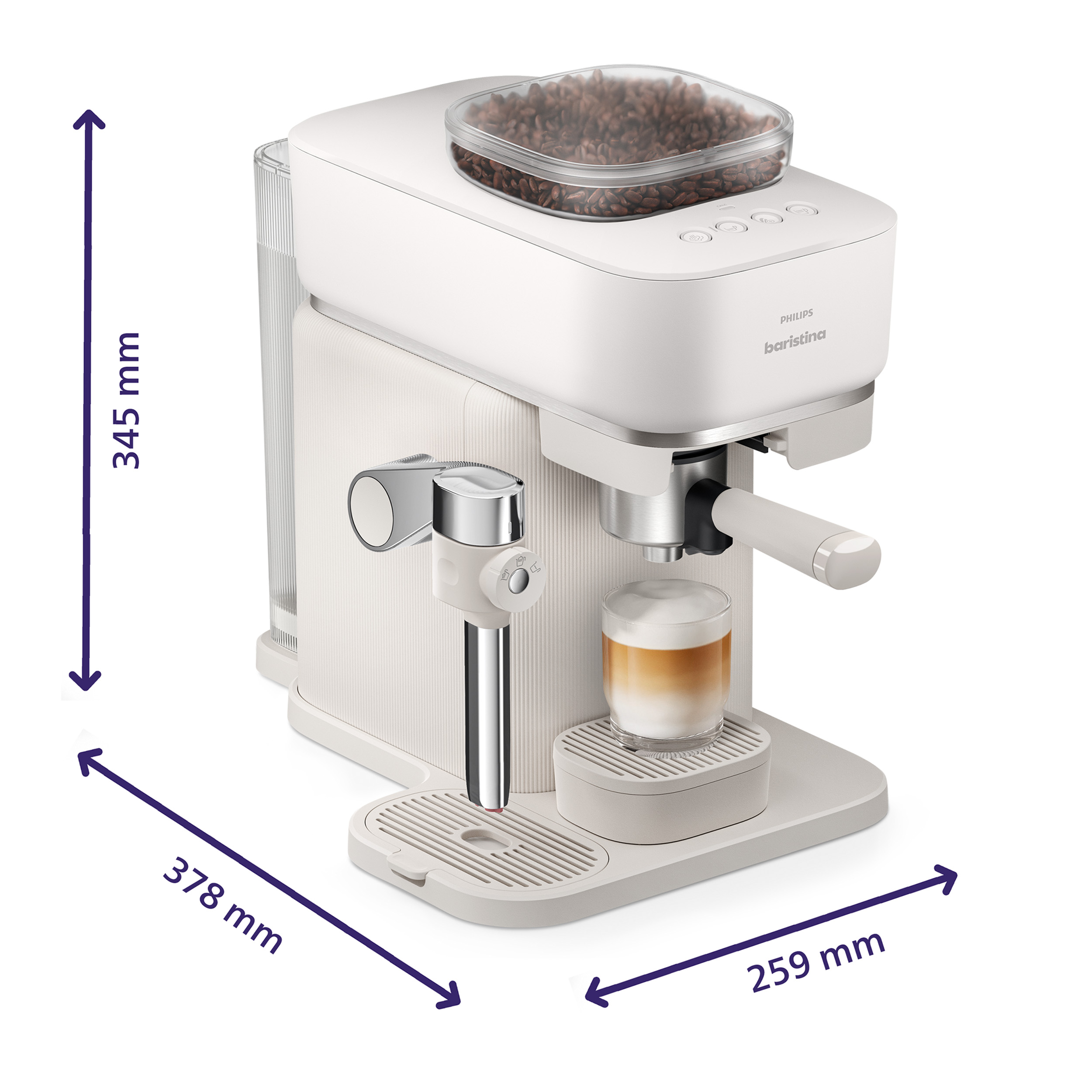 Eine weiße Philips Barista Espressomaschine mit Kaffeebohnenbehälter und einem fertigen Getränk.