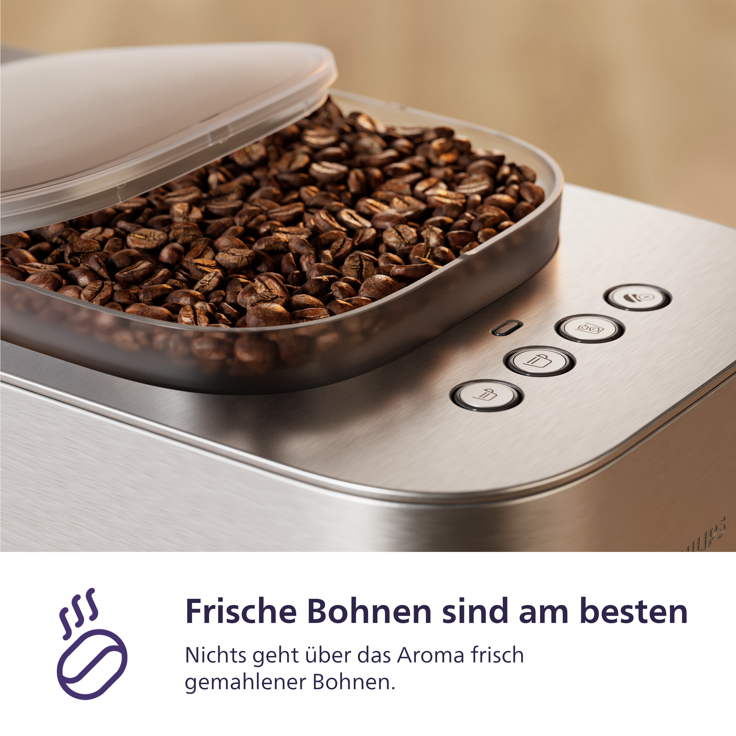 Kaffeemaschine mit Behälter voller gerösteter Bohnen und Bedienknöpfen.