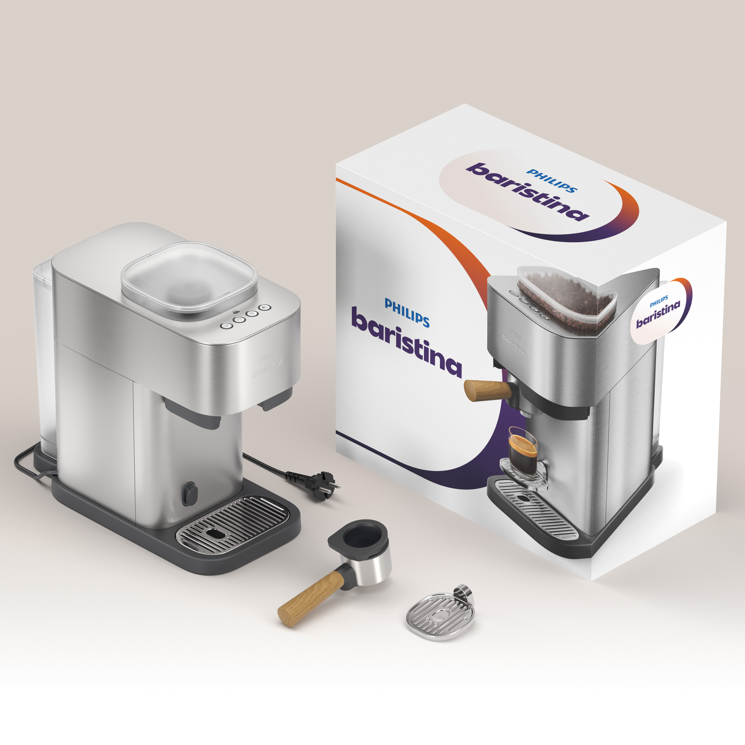 Silberne Kaffeemaschine mit Box, Siebträger und Tasse Espresso.