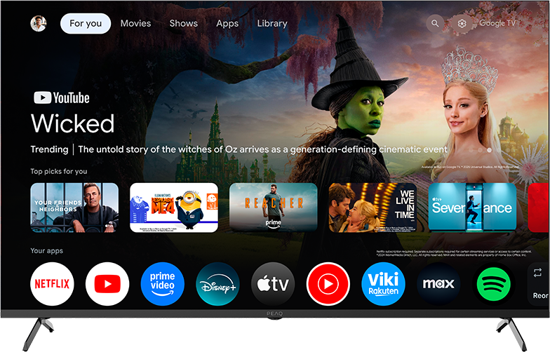 Google TV képernyő filmplakátokkal és alkalmazásikonokkal. Wicked film kiemelve.