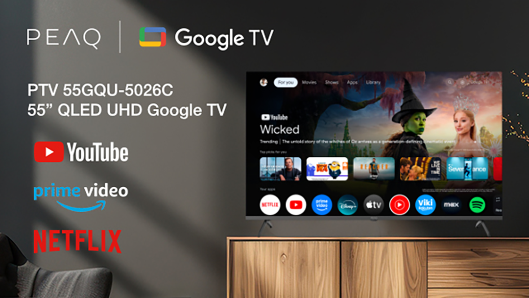PEAQ Google TV olyan alkalmazásokkal, mint a YouTube, a Prime Video és a Netflix.