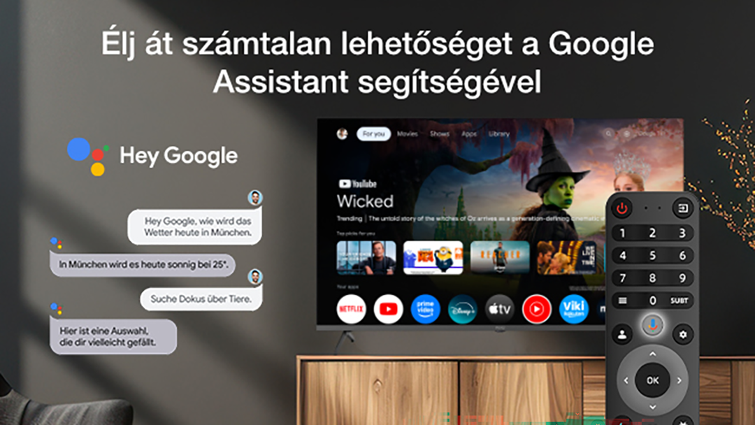 Egy TV-n látható a Google Asszisztens felülete csevegési előzménnyel és távirányítóval.