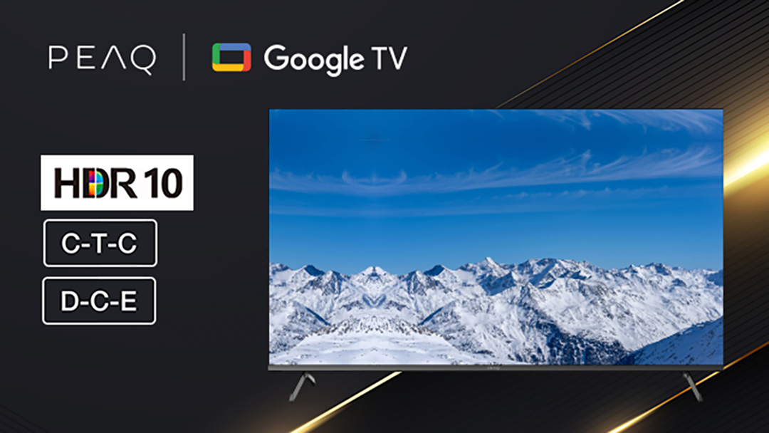 PEAQ és Google TV logós TV hegyi tájat jelenít meg.