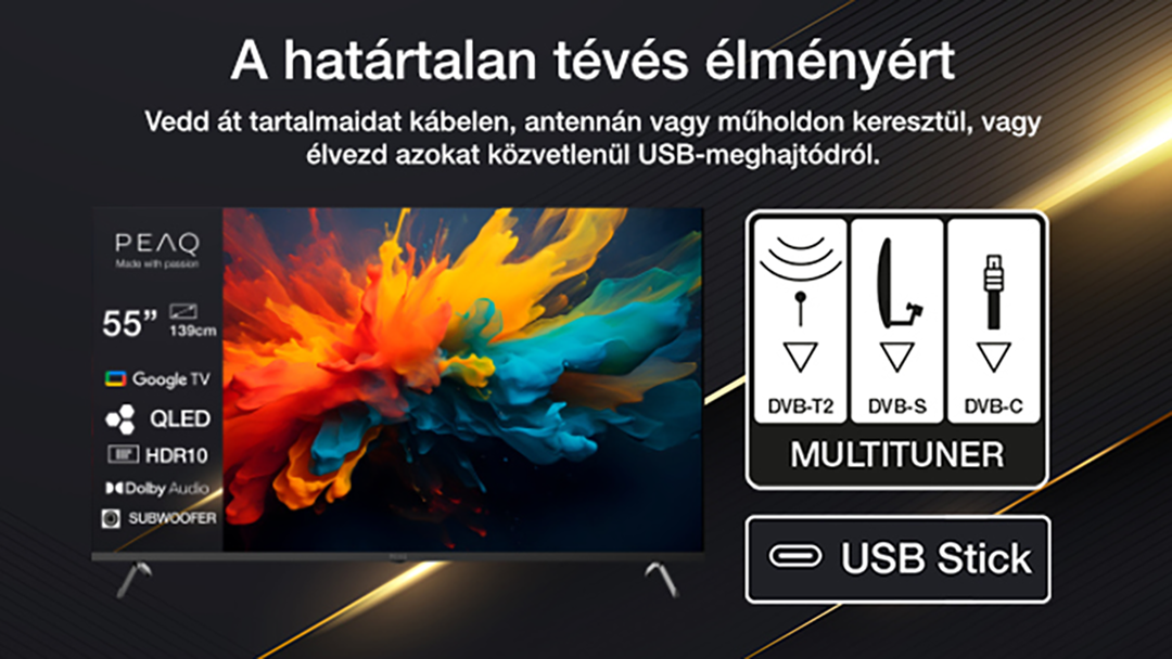 Egy 55-es PEAQ QLED TV Google TV-vel, HDR10-zel, Dolby Audioval és Multitunerrel.