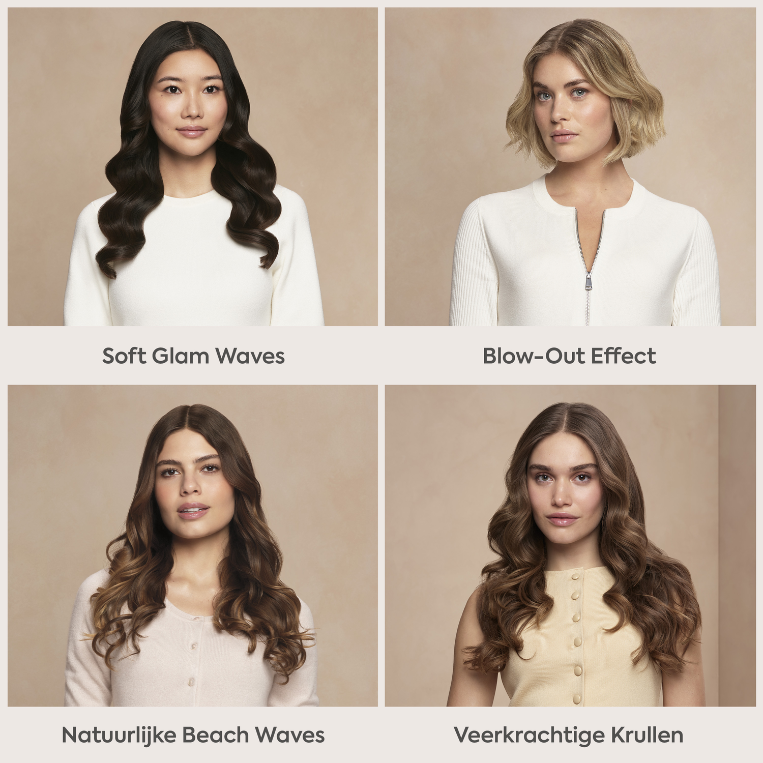 Vier vrouwen met verschillende kapsels op neutrale achtergrond.