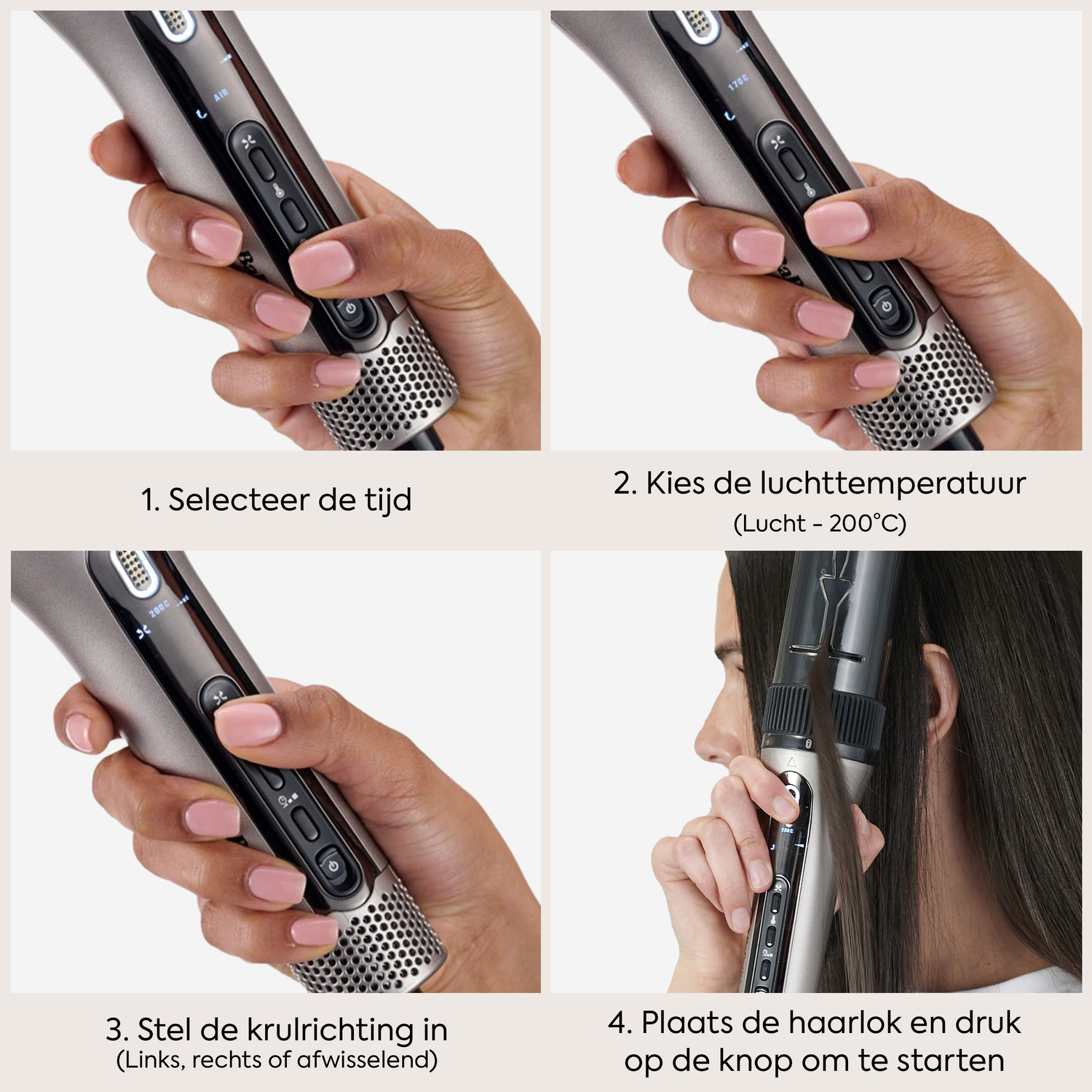 Mensen die een krultang bedienen, tonen stappen voor gebruik.