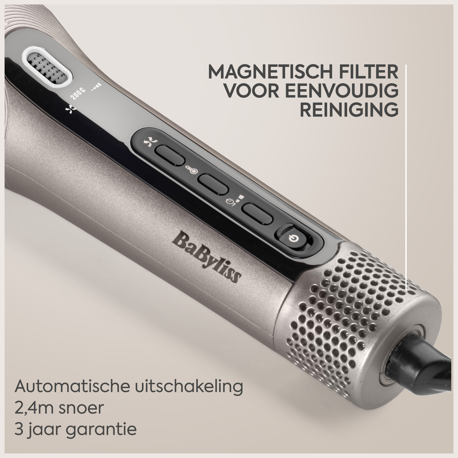 Grijze haardroger met bedieningselementen en tekst: Magnetisch filter.