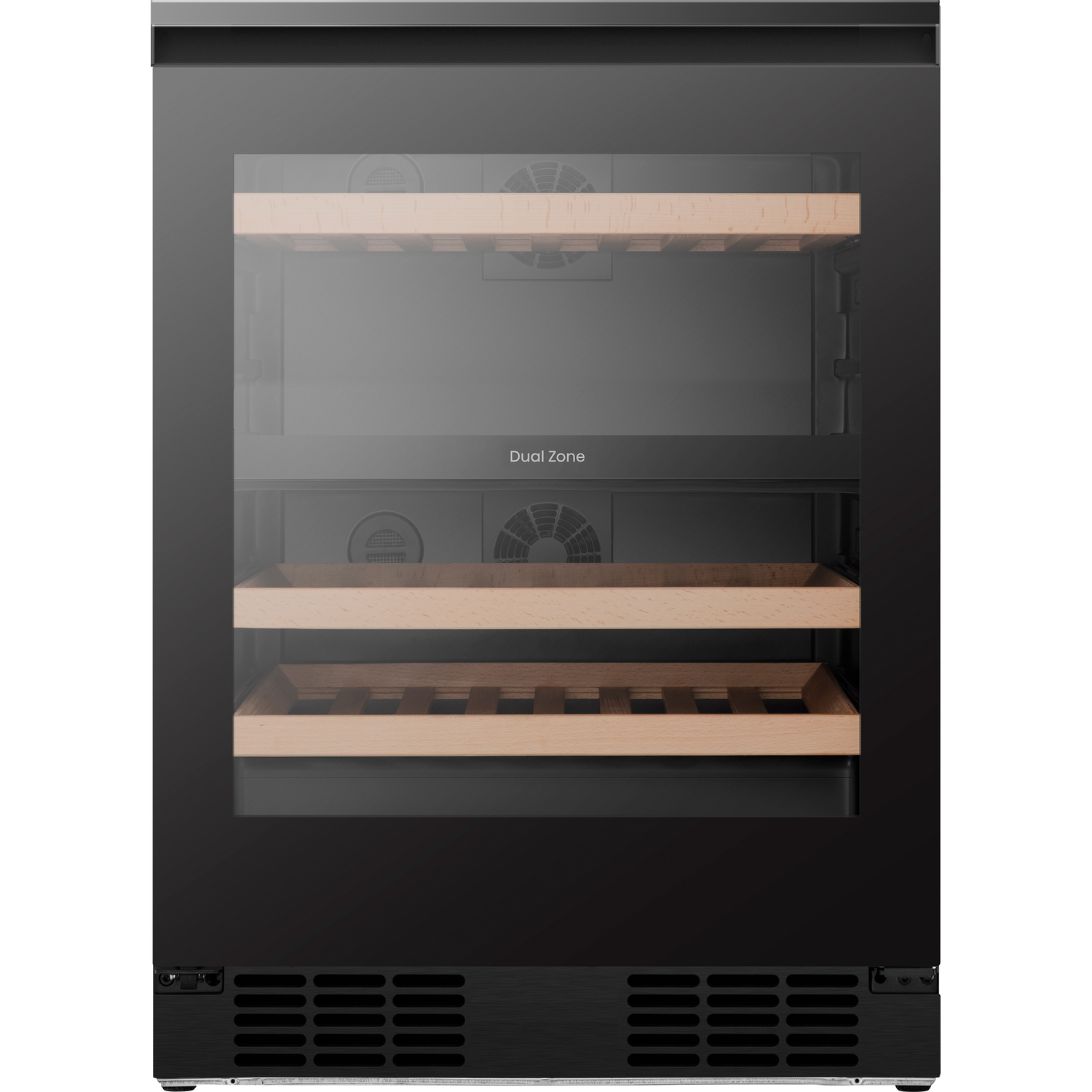 A black wine cooler with a glass door and wooden shelves inside.