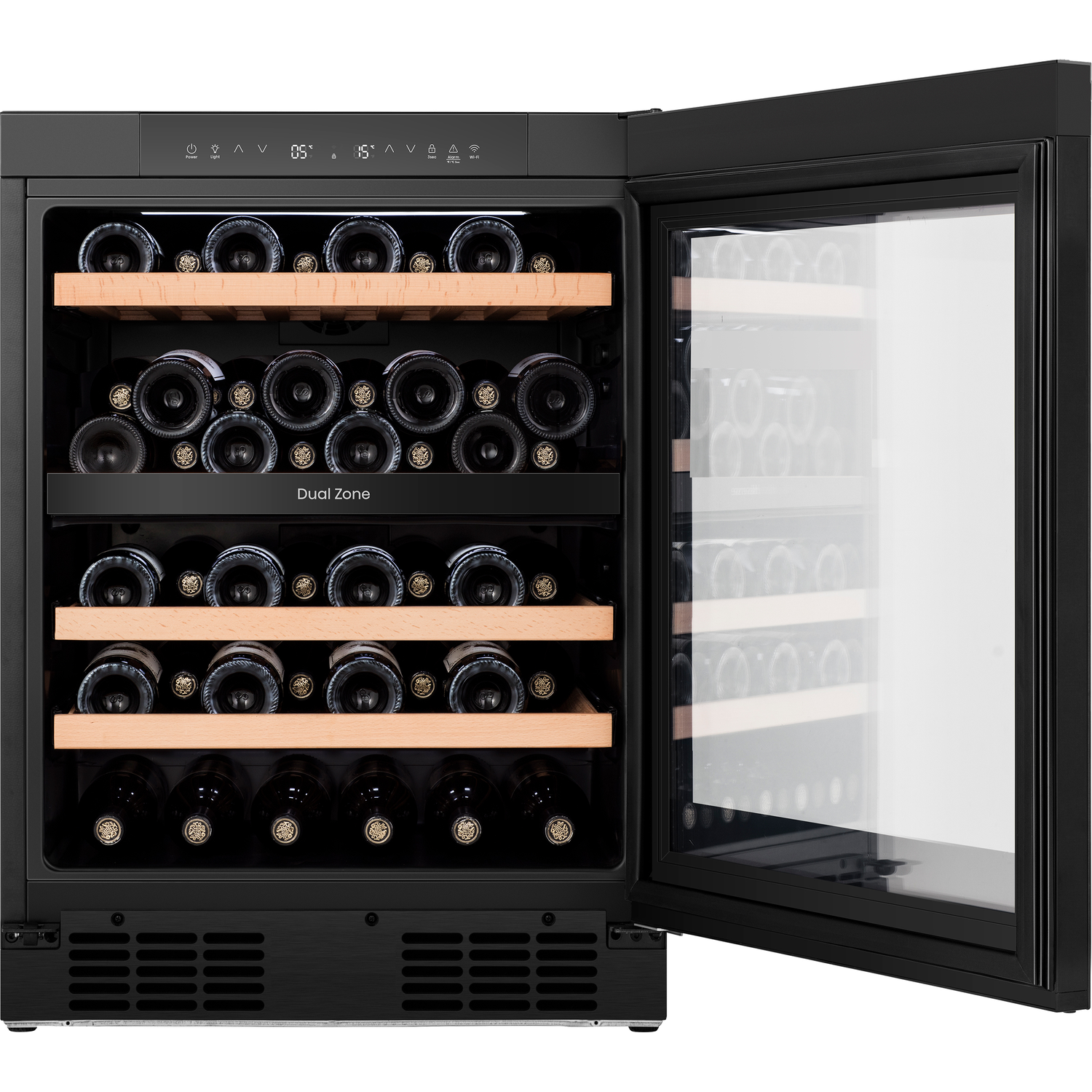 Black wine cooler with glass door and wooden shelves, filled with dark bottles.