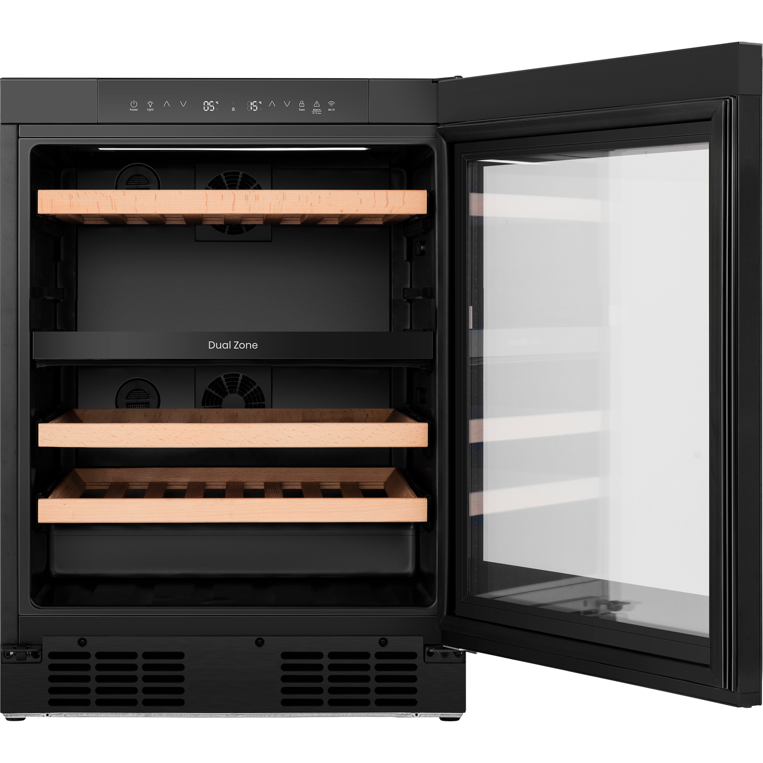 Black wine cooler with open glass door, wooden shelves, and digital display.