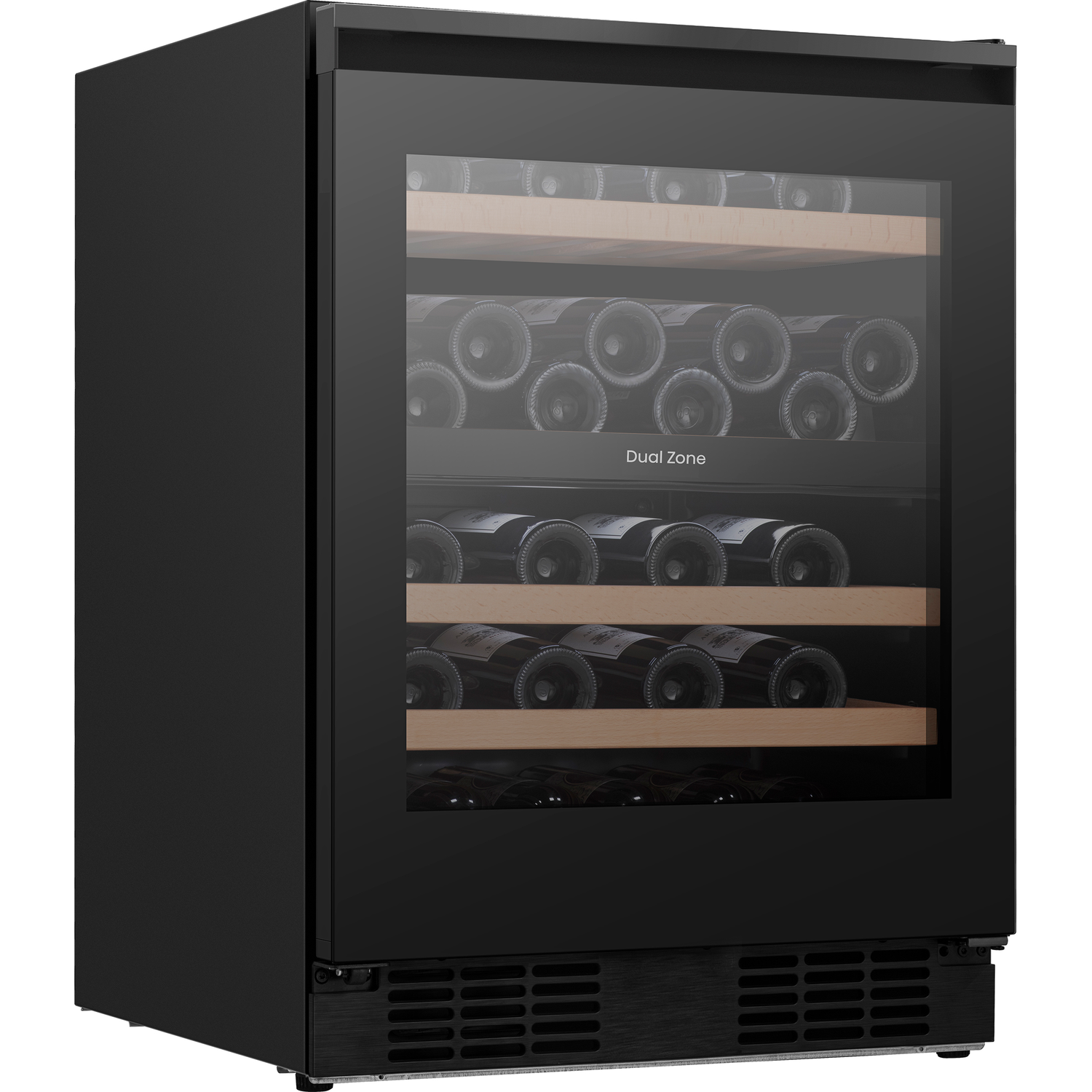 Black wine cooler with glass door and wooden shelves, filled with wine bottles.