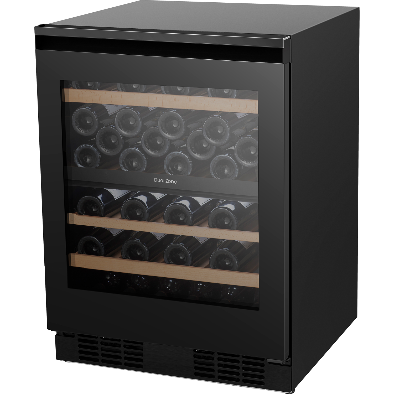 Black wine cooler with glass door, filled with wine bottles on wooden shelves.