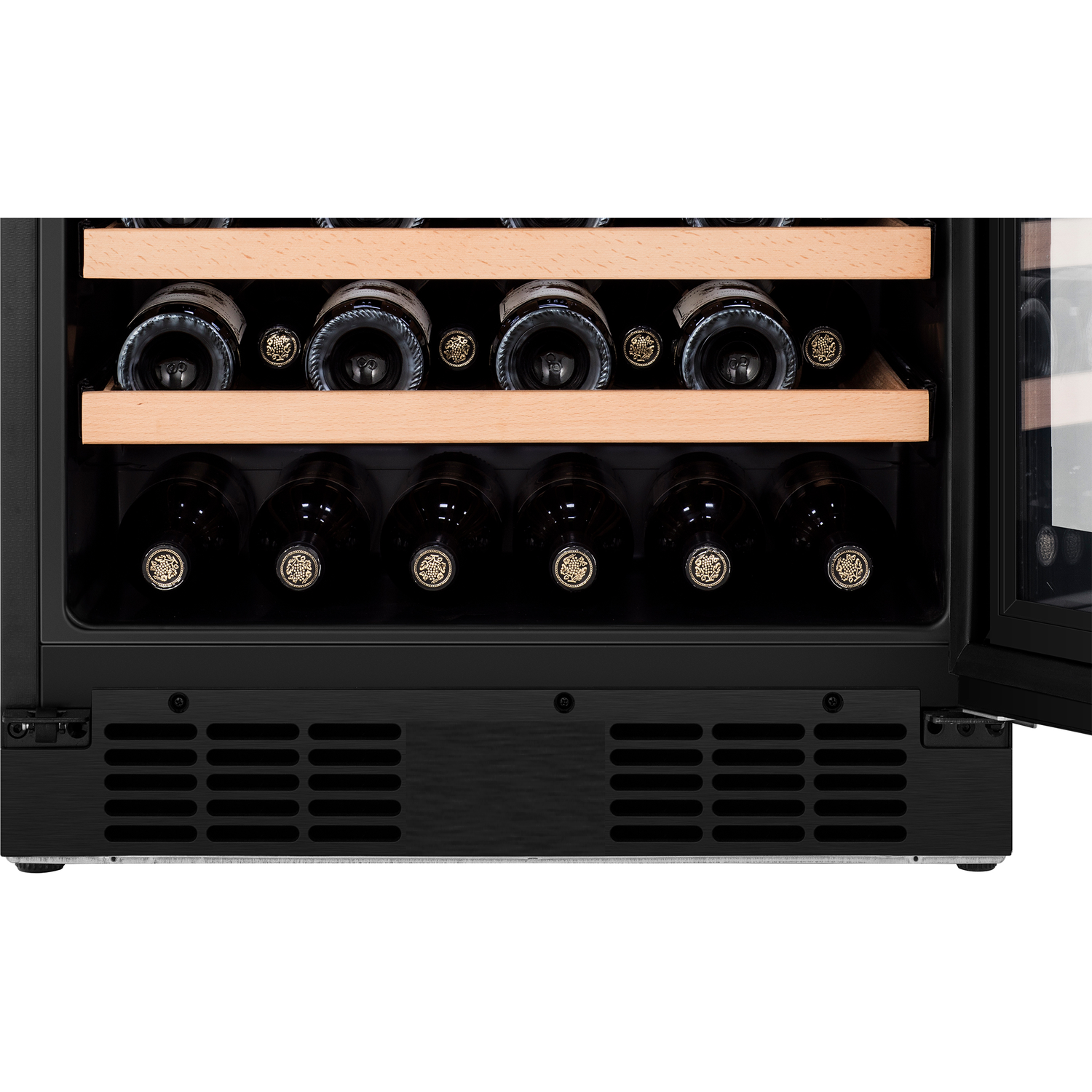 Wine cooler with two shelves holding red wine bottles. Black exterior, wooden shelves.