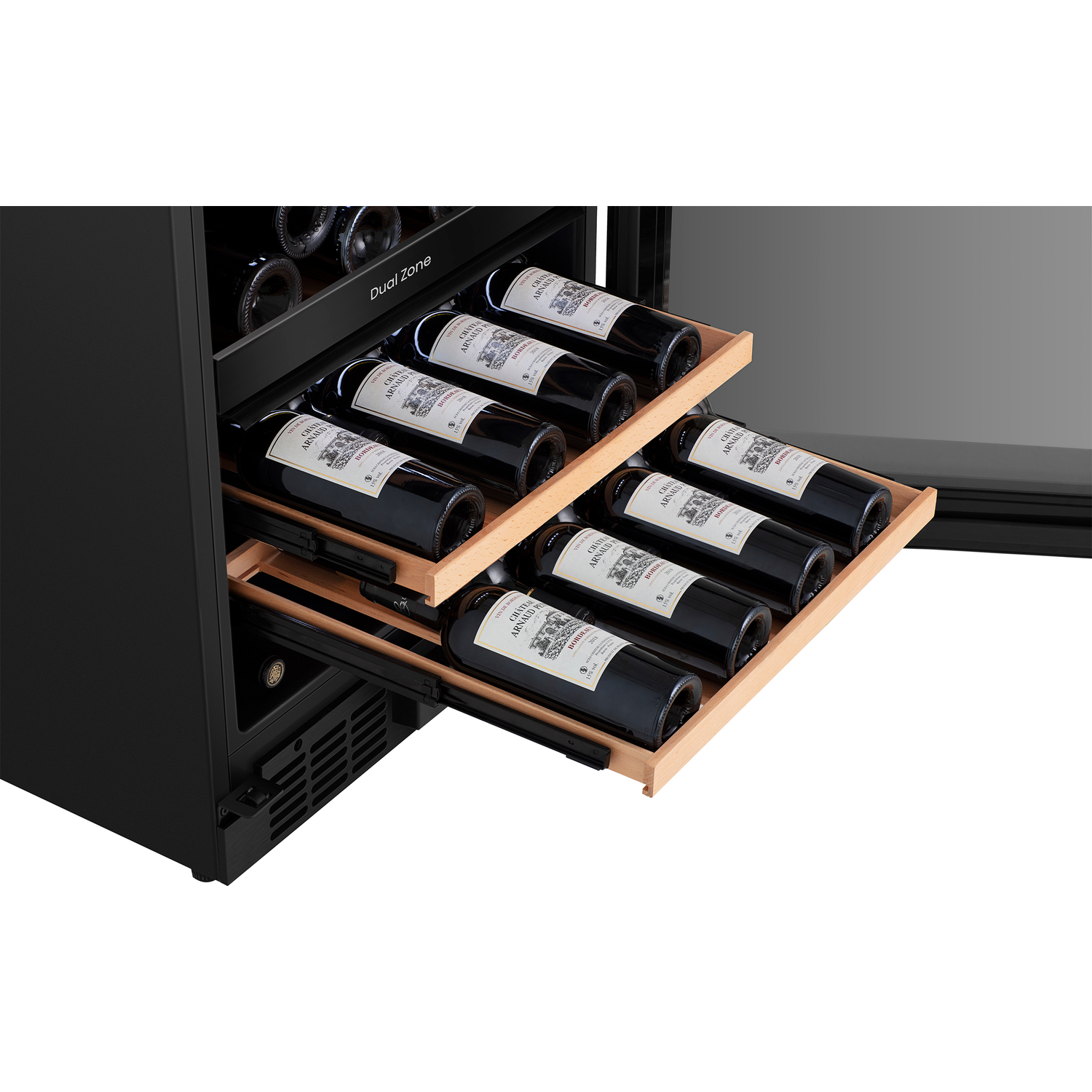 Black wine cooler with two pull-out wooden shelves filled with red wine bottles.