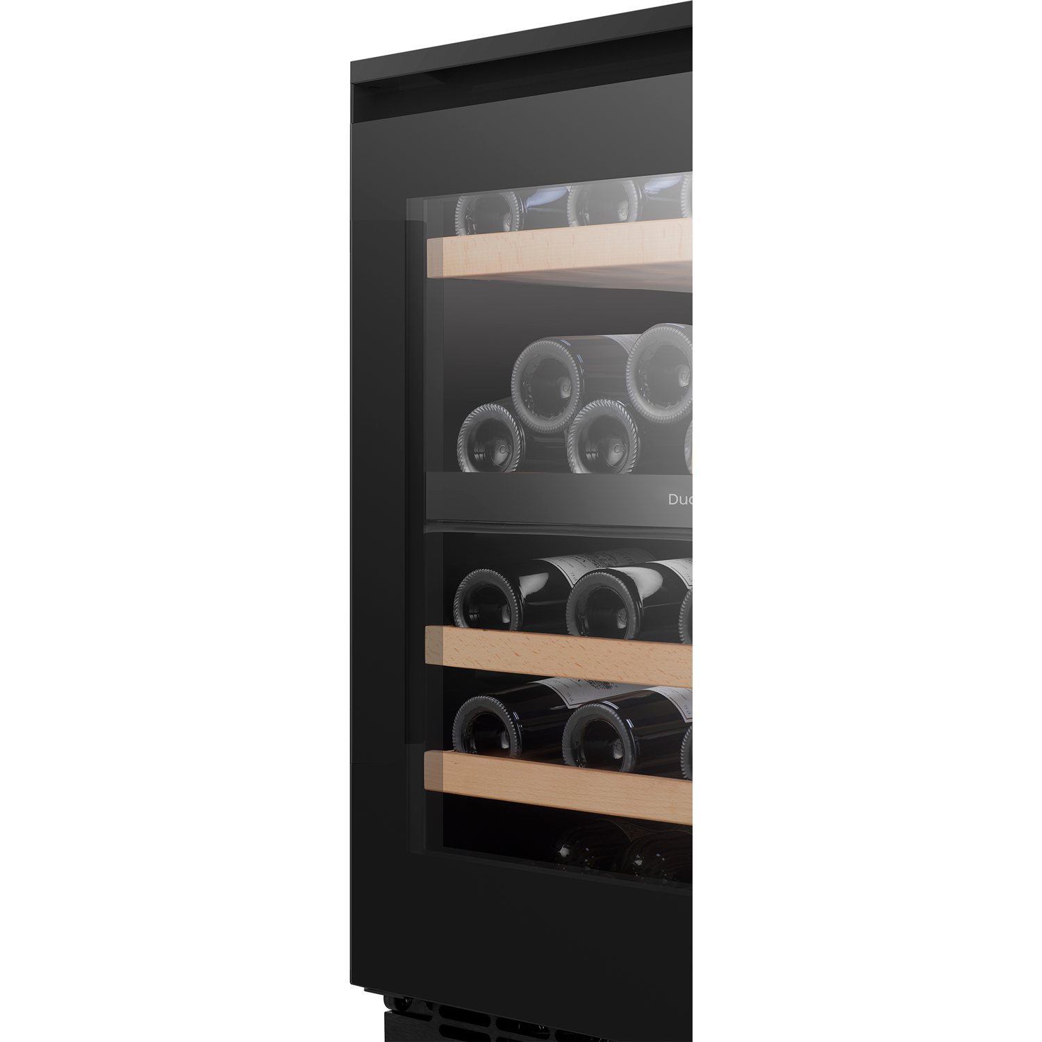 A black wine cooler with glass door shows shelves holding rows of wine bottles.