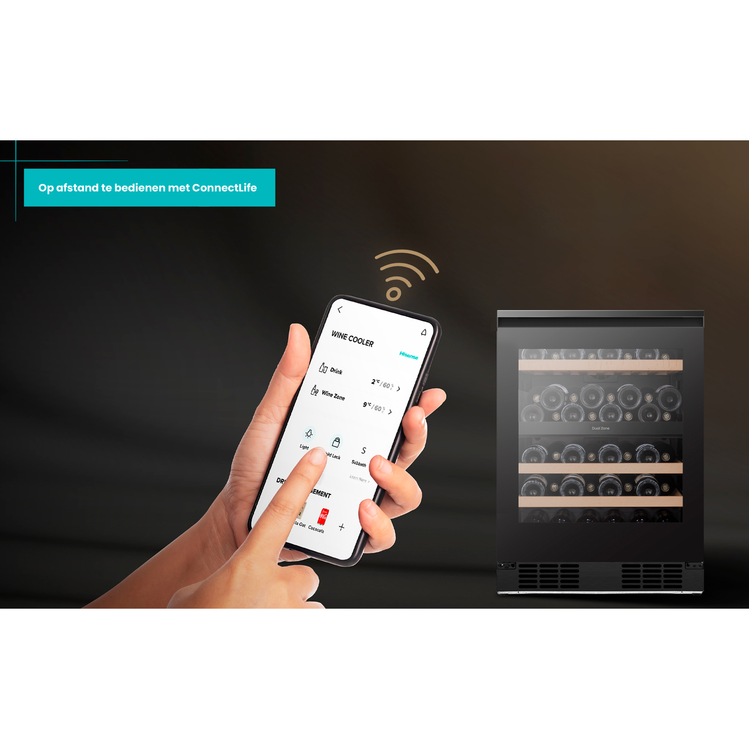 Hand holding phone showing wine cooler app next to a wine cooler.
