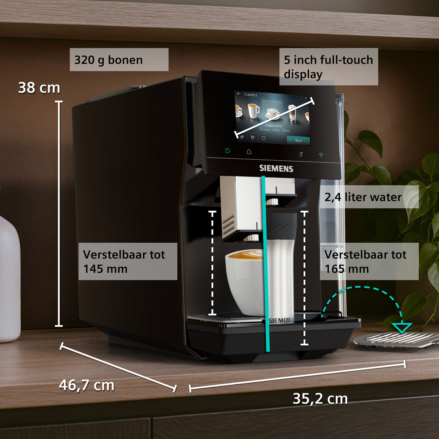 Siemens koffiemachine met 5-inch display, 320g bonen, 2.4L waterreservoir.