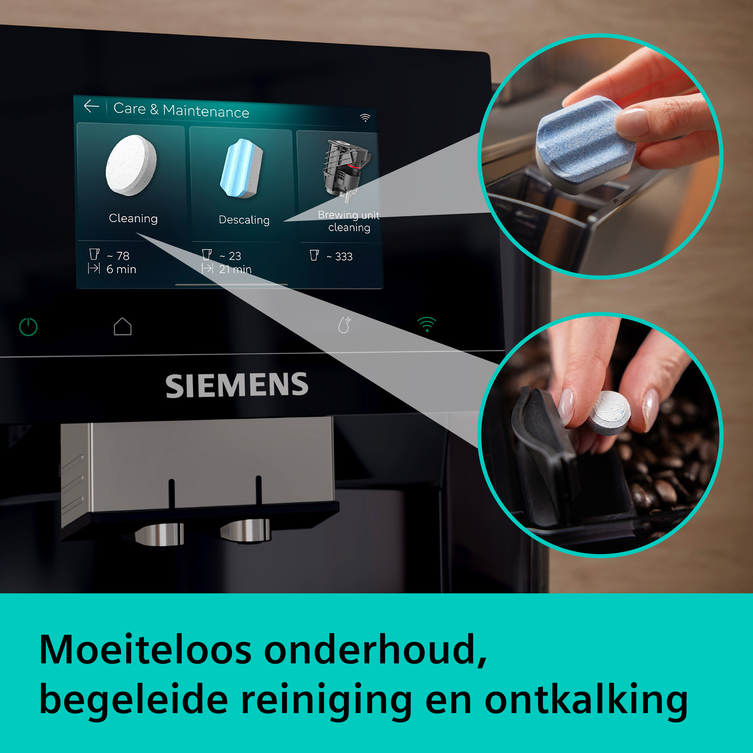 Siemens koffiemachine met menu Verzorging & Onderhoud, reinigingstablet en ontkalkingstablet.