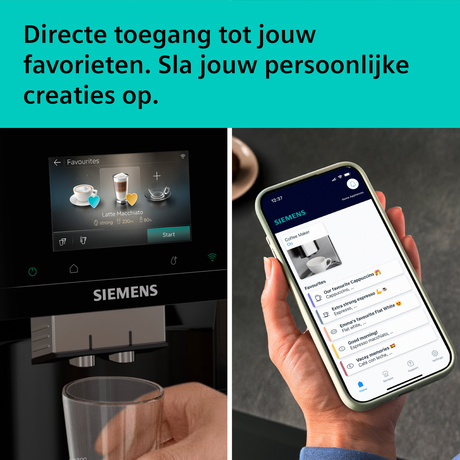 Siemens koffiemachine met touchscreen en app. Gepersonaliseerde favoriete koffiedranken.