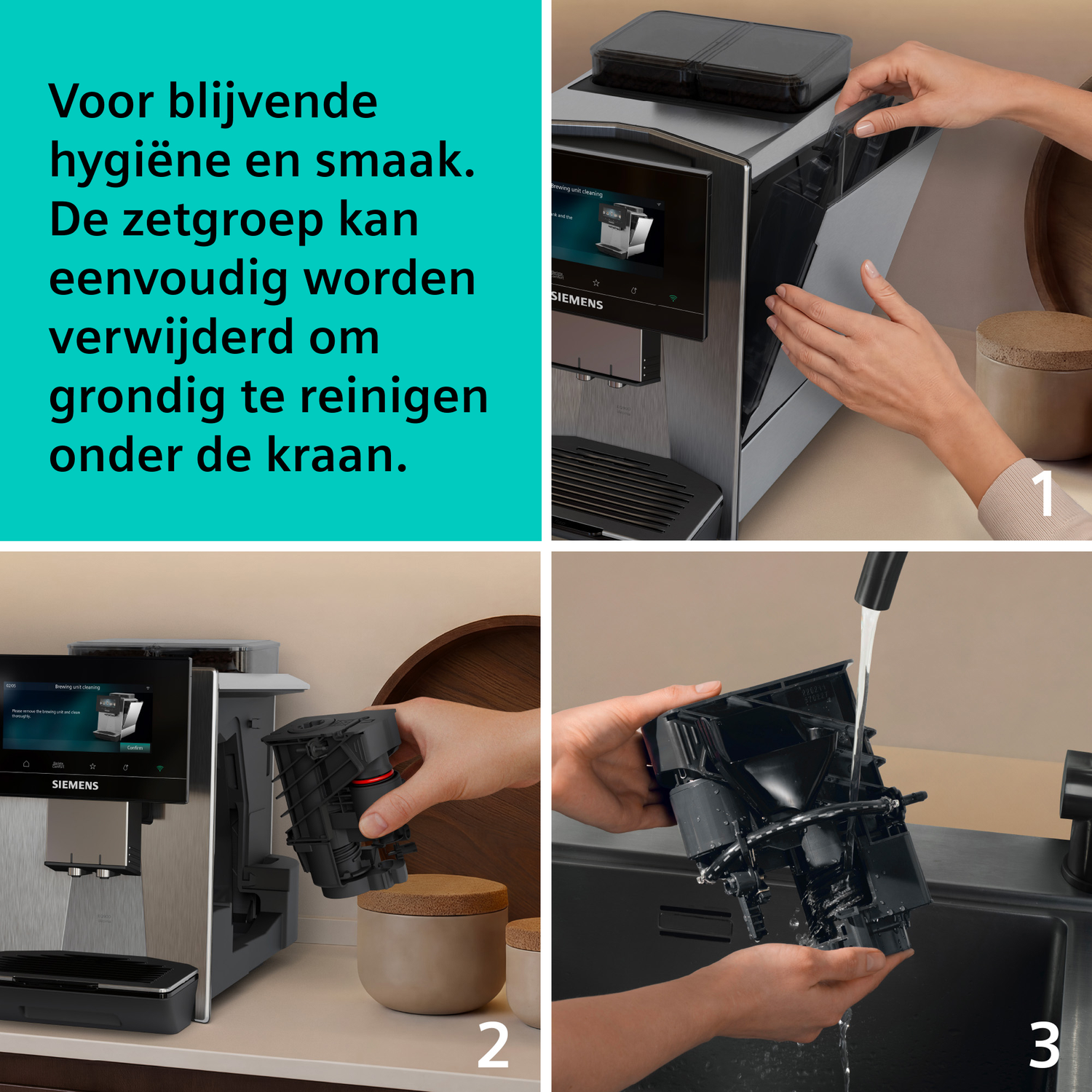 A person removes the brewing unit of a coffee machine for cleaning.
