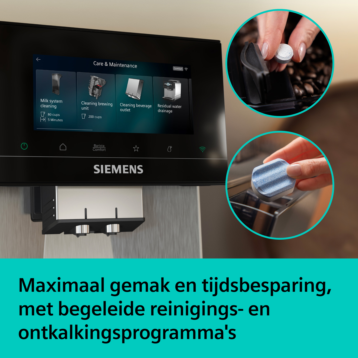 Siemens coffee machine with maintenance menu and cleaning tablets.