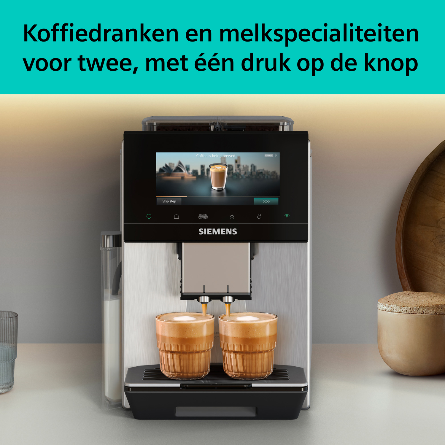 Siemens coffee machine brewing two drinks with milk foam on a touchscreen.