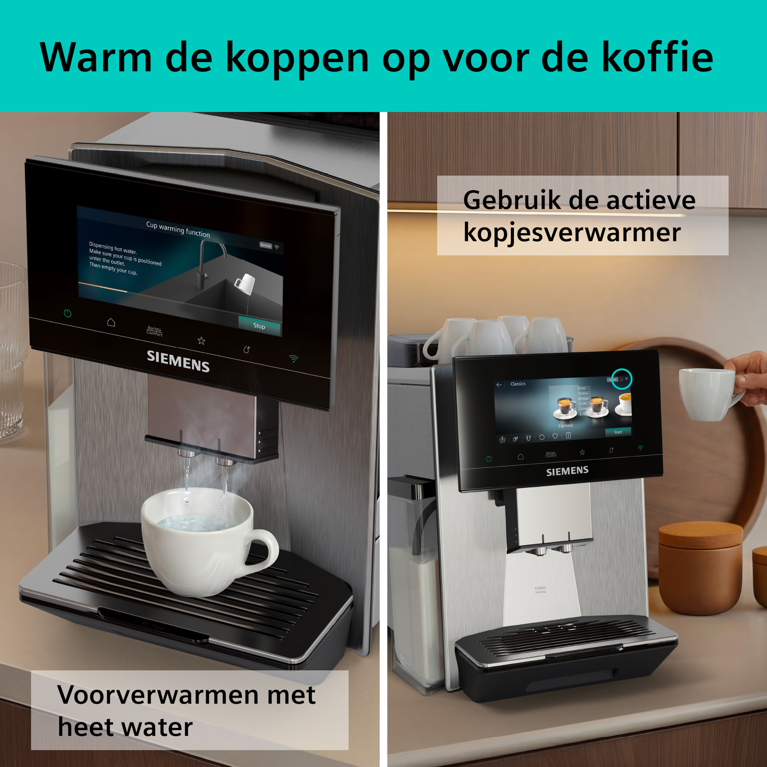 A coffee machine warms cups with hot water and via a warming plate.