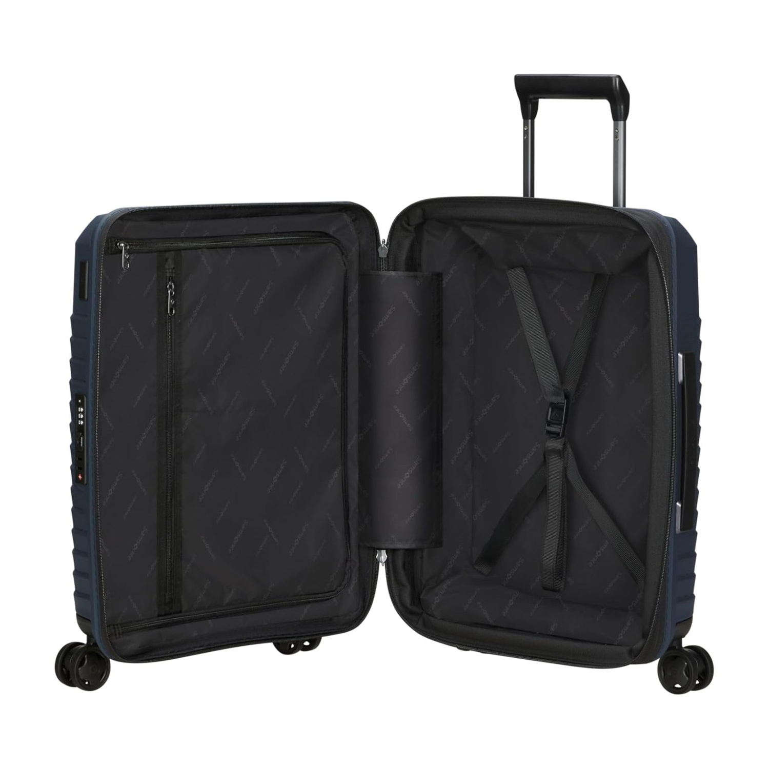 Valigia Samsonite blu navy aperta con ruote, manico esteso. Interno con cinghie.