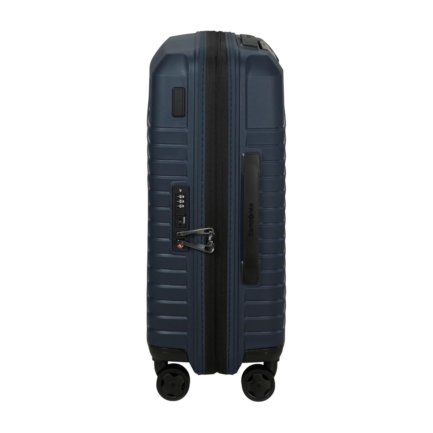 Una valigia Samsonite blu scuro con ruote e lucchetto a combinazione.