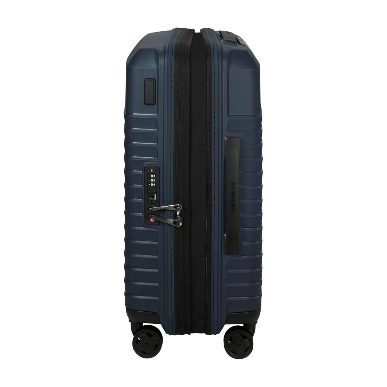 Guscio valigia Samsonite blu scuro con lucchetto TSA e quattro ruote.