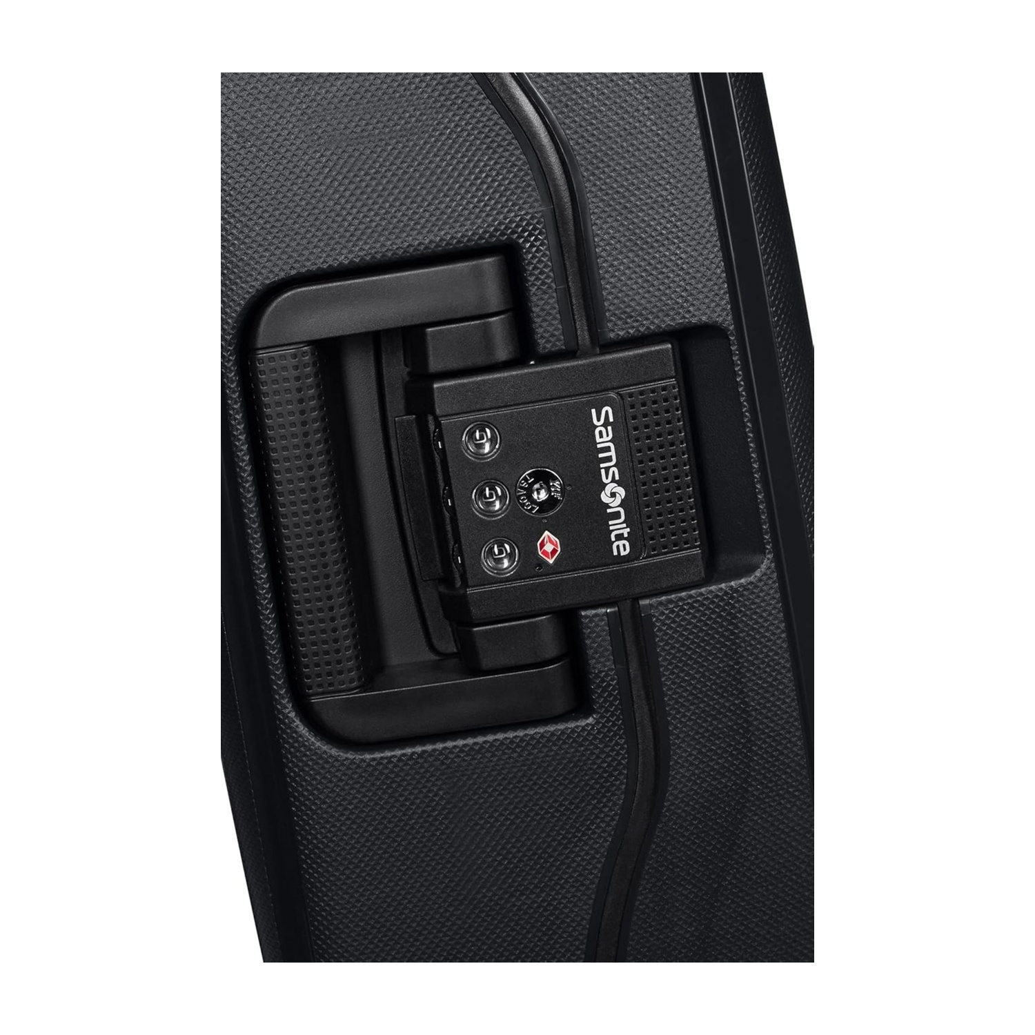 Valigia Samsonite nera con lucchetto a combinazione e maniglia.