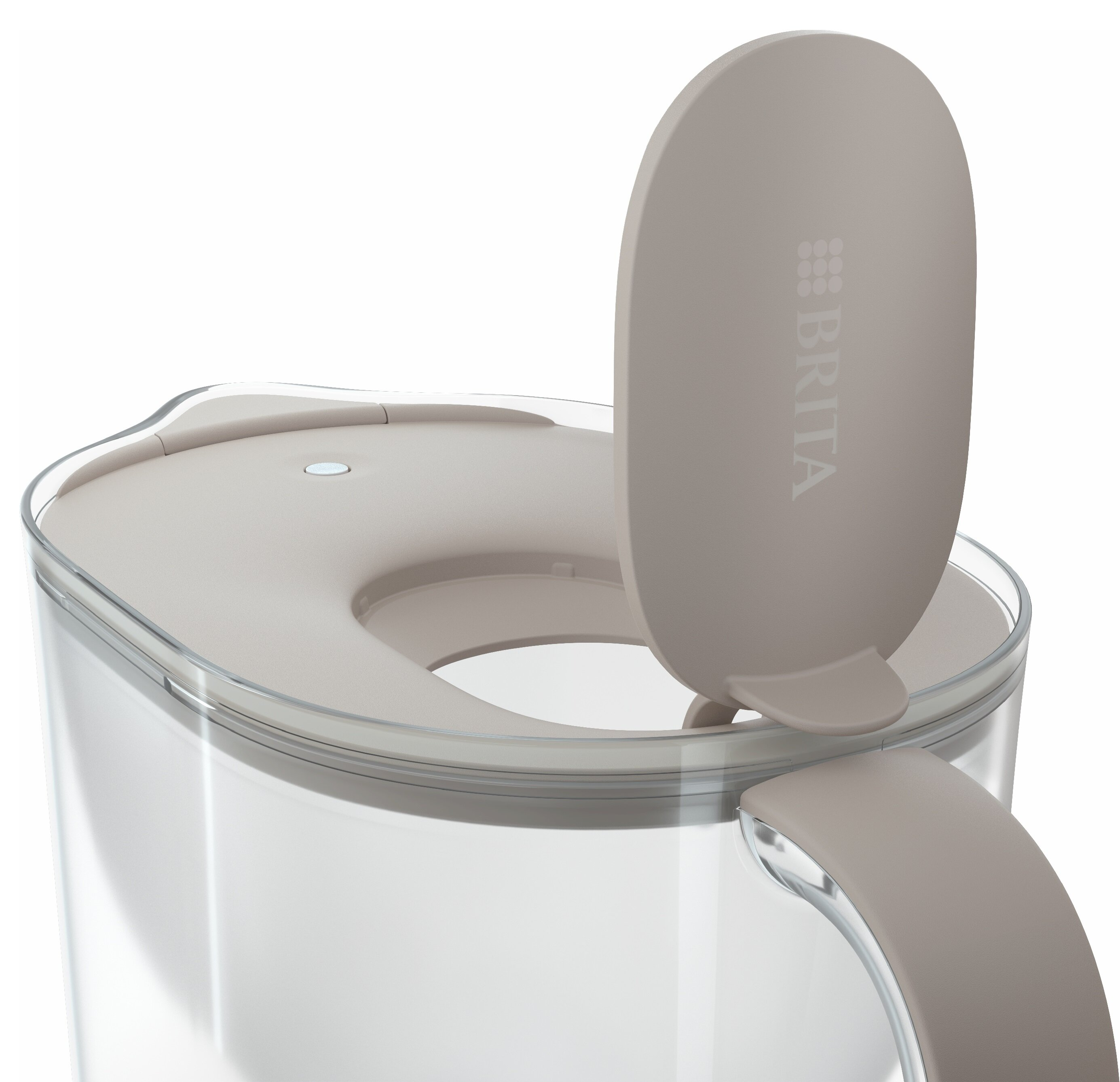Przezroczysty dzbanek Brita z beżową pokrywką. Pokrywka jest lekko uchylona, ukazując logo Brita.