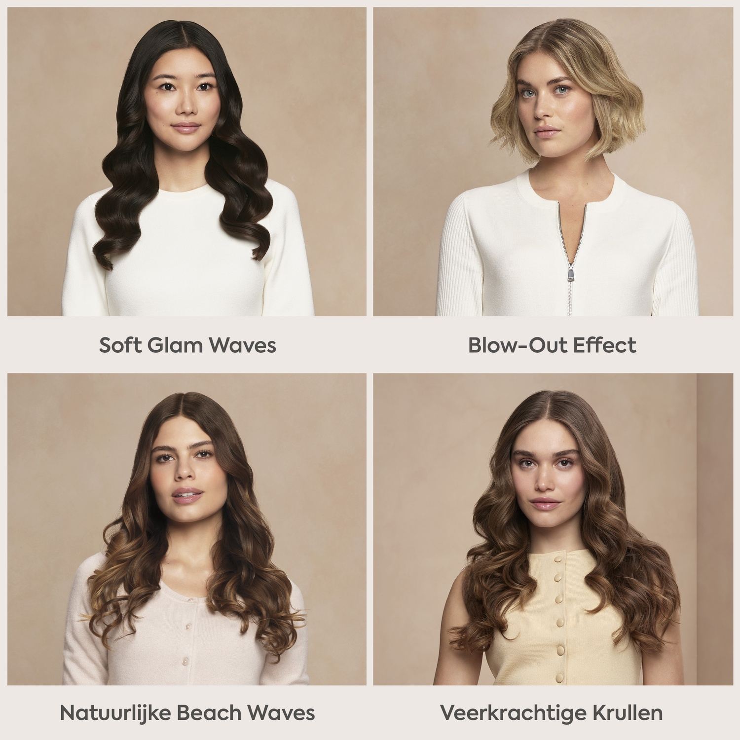 Four women with different hairstyles against a neutral background.