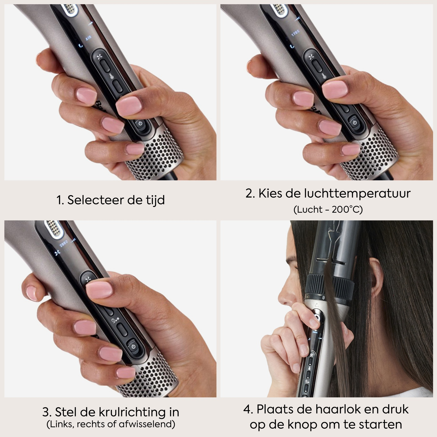Four images show operating a hair styler: time selection, temperature selection, curl direction and inserting hair.