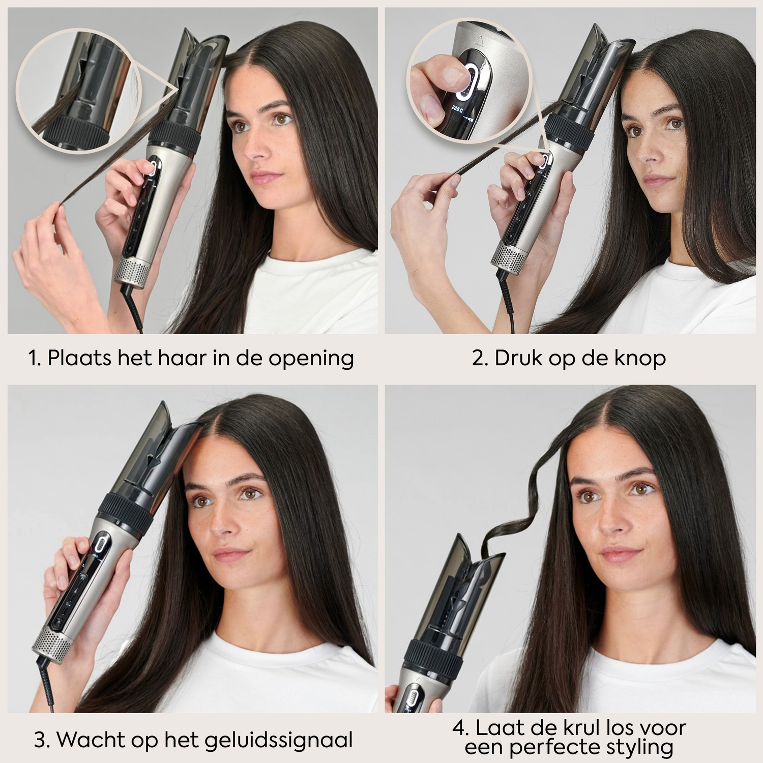 Woman with dark hair using an automatic curler in four steps.