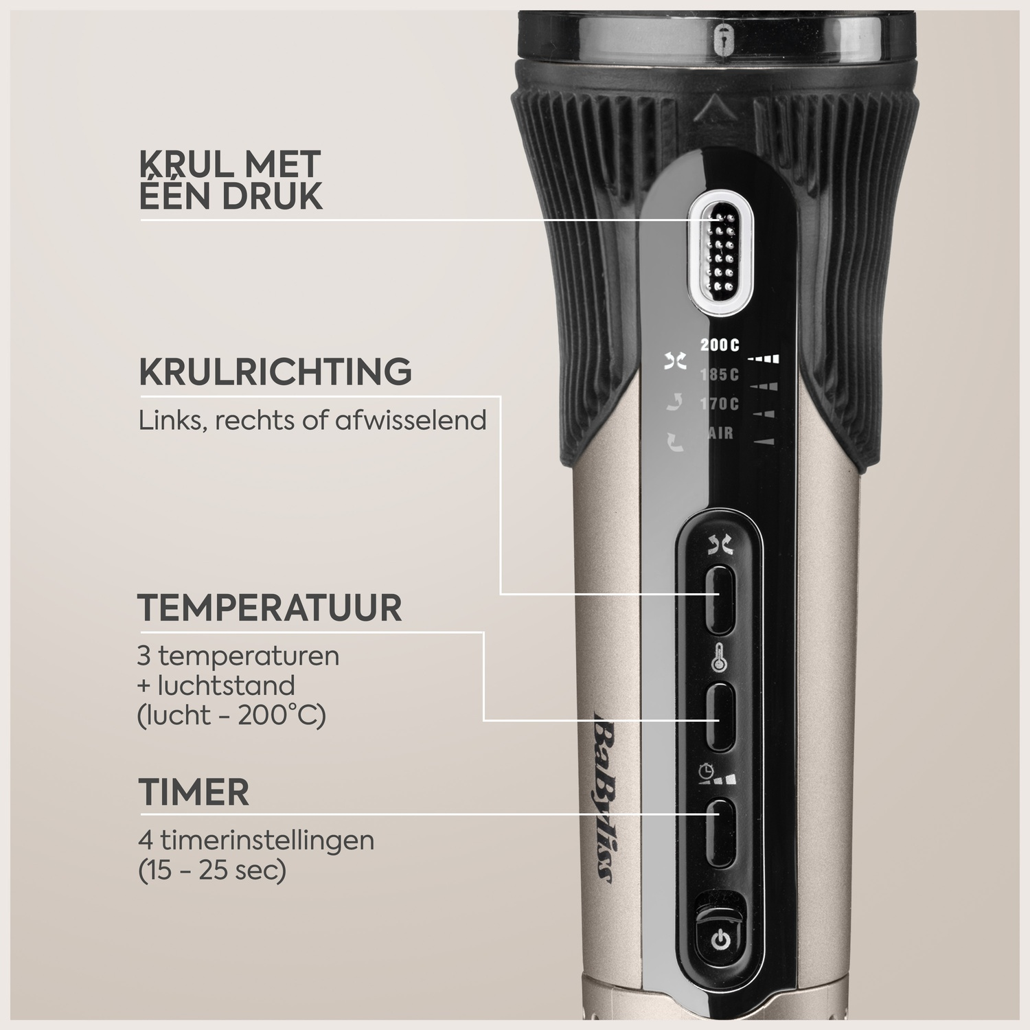A curling iron with temperature, direction, and timer settings shown.