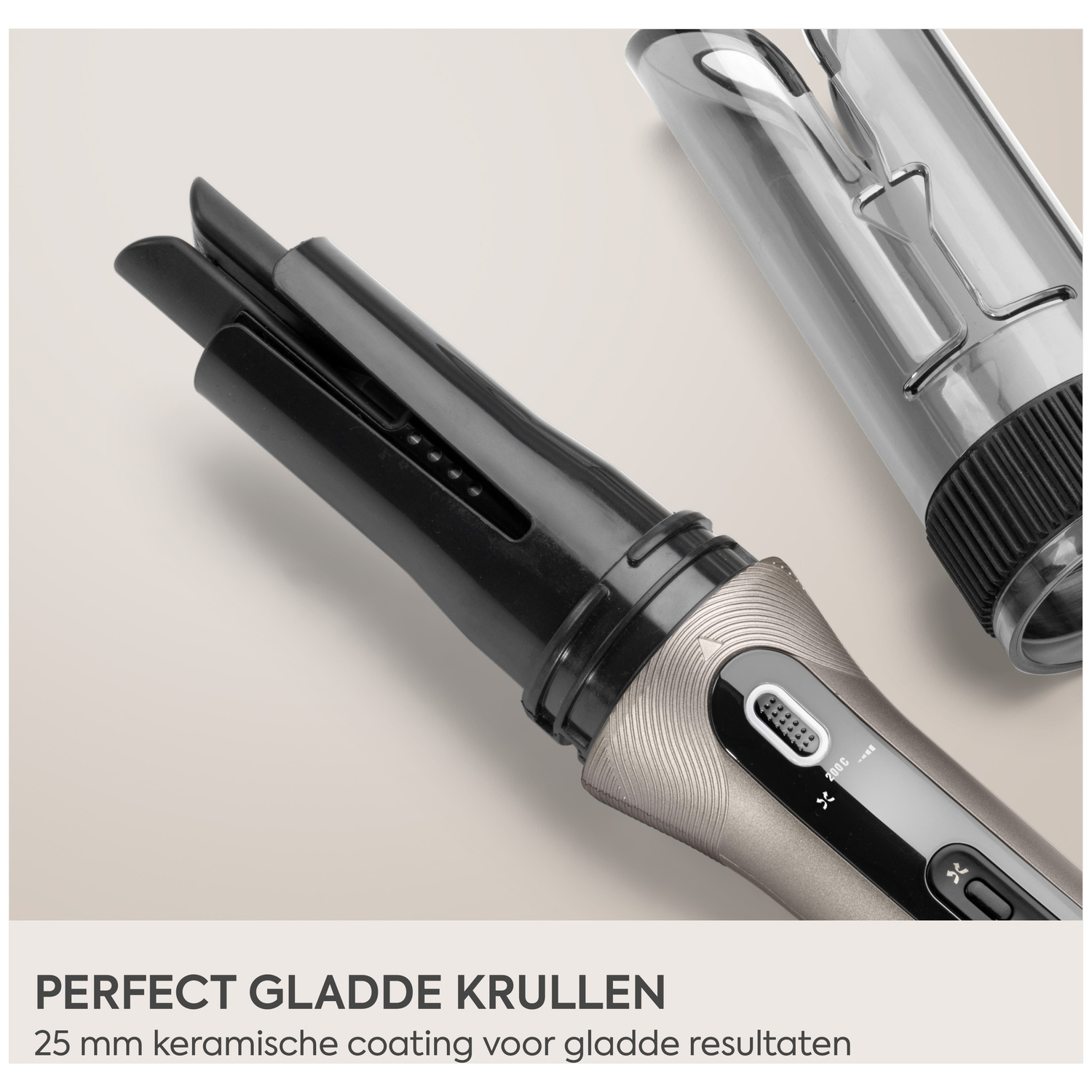A silver curling iron with a black handle and digital settings.