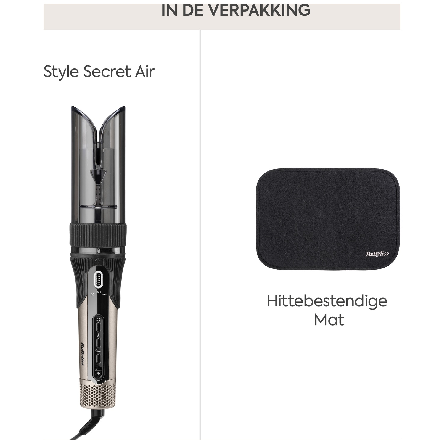 A Babyliss Style Secret Air hair styler and a black heat-resistant mat.