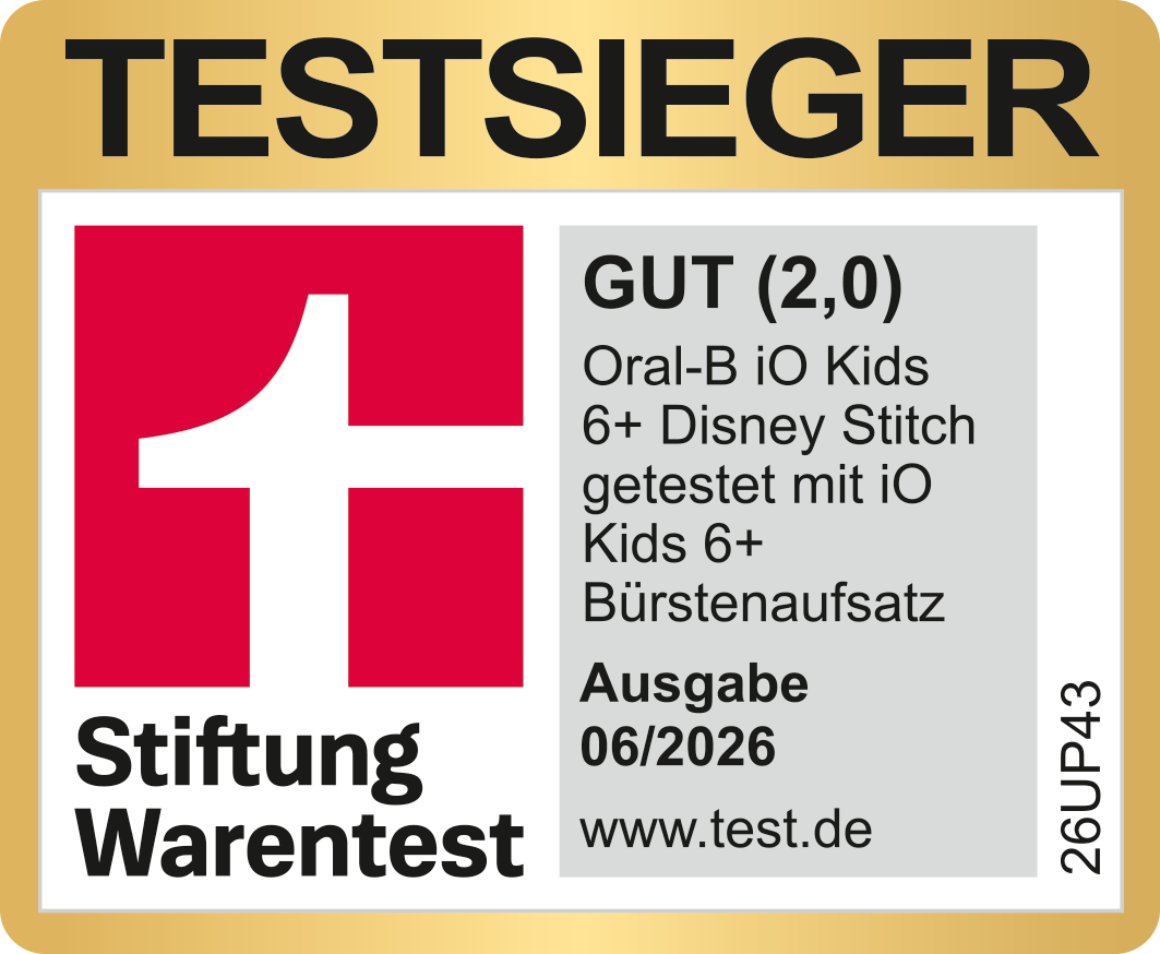 TESTSIEGER-Siegel von Stiftung Warentest für Oral-B iO Kids 6+ Disney Stitch.