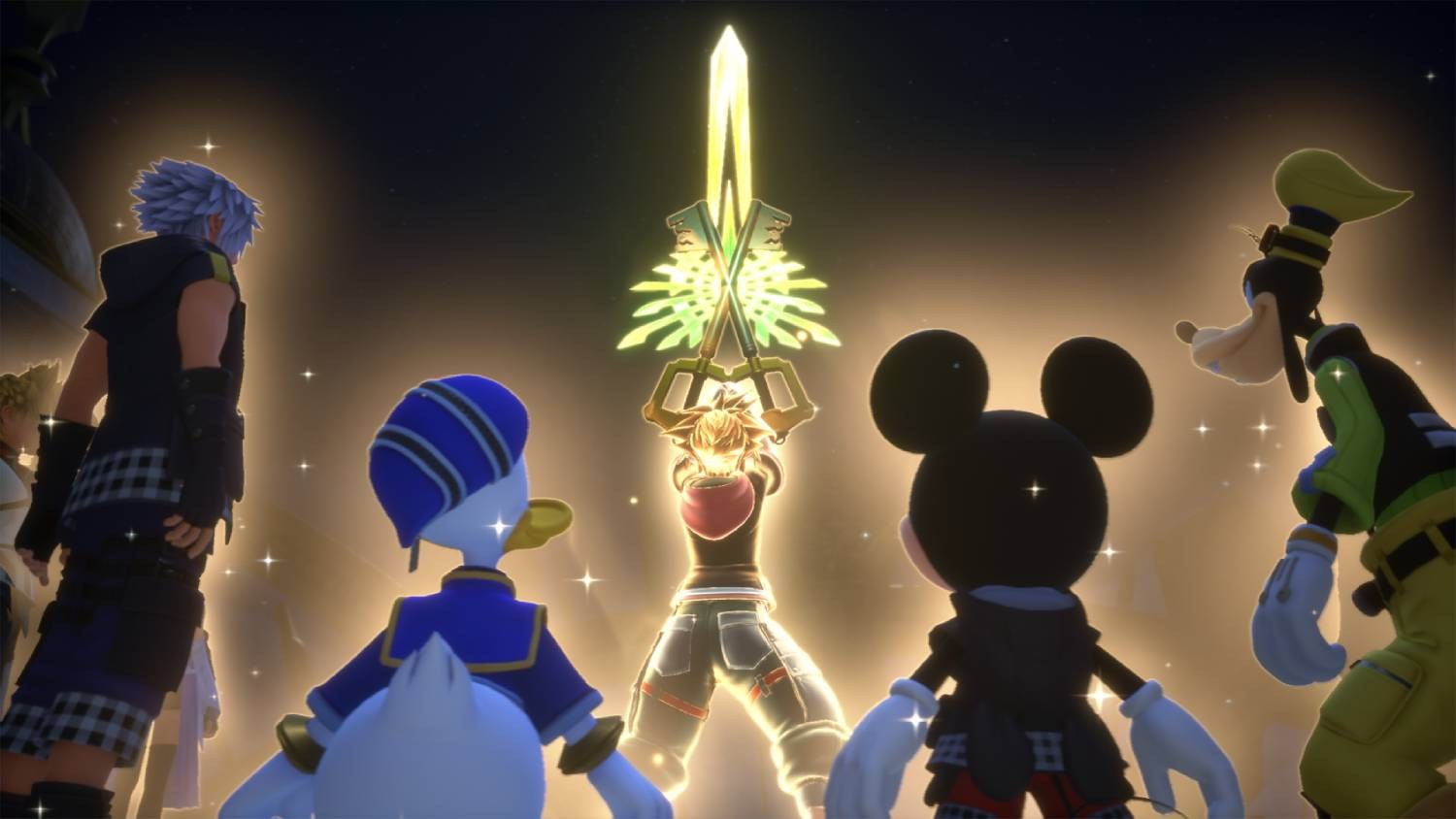 Personajes miran una espada brillante sostenida por una persona. Luz anaranjada.