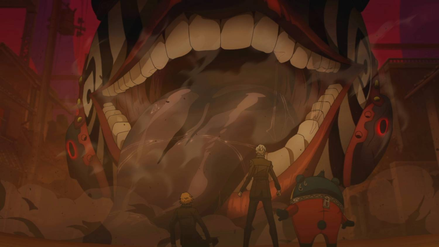 Tres figuras se alzan ante una boca gigante sin rostro y con muchos dientes.