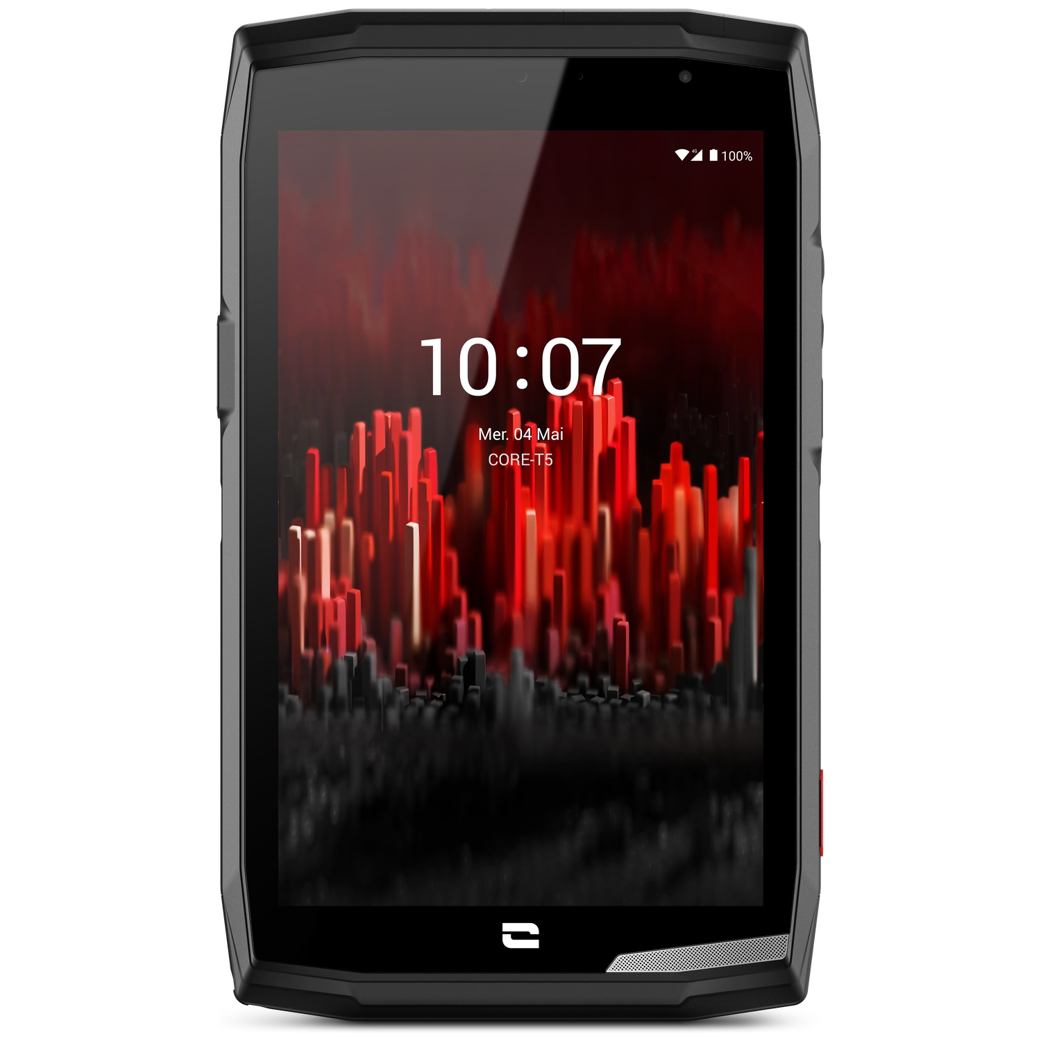 Zwarte smartphone met rode abstracte achtergrond, tijd 10:07.