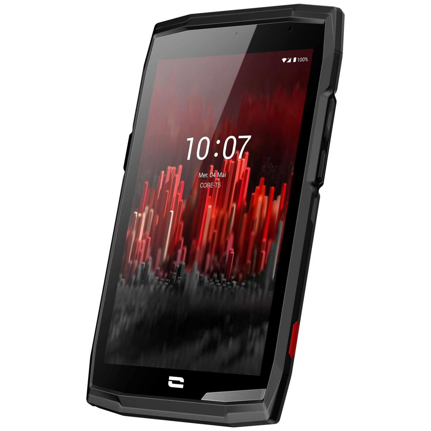 Zwarte robuuste smartphone met rode achtergrond, toont 10:07.