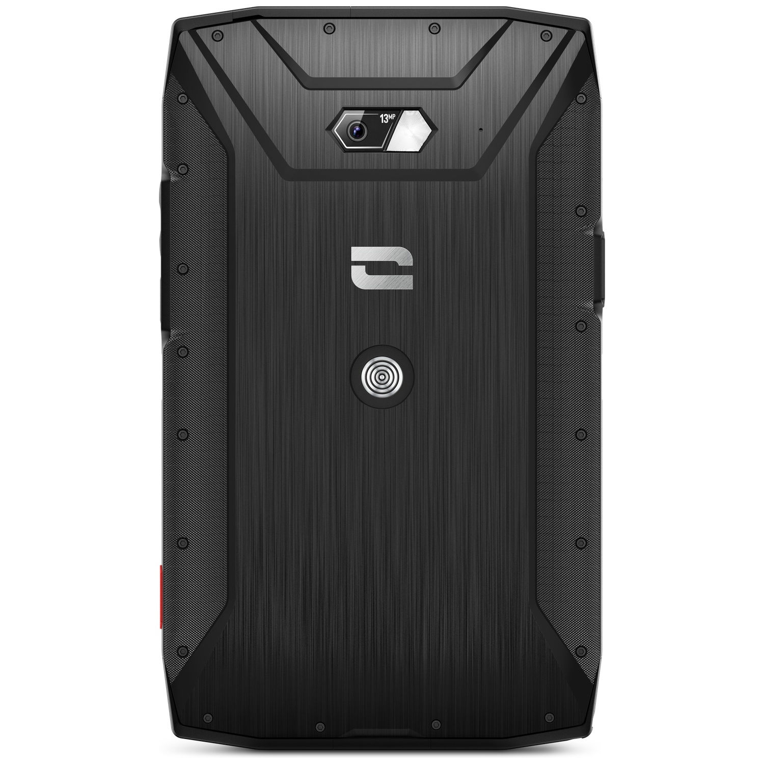 Achterkant van een robuuste zwarte tablet met 13MP camera en logo.