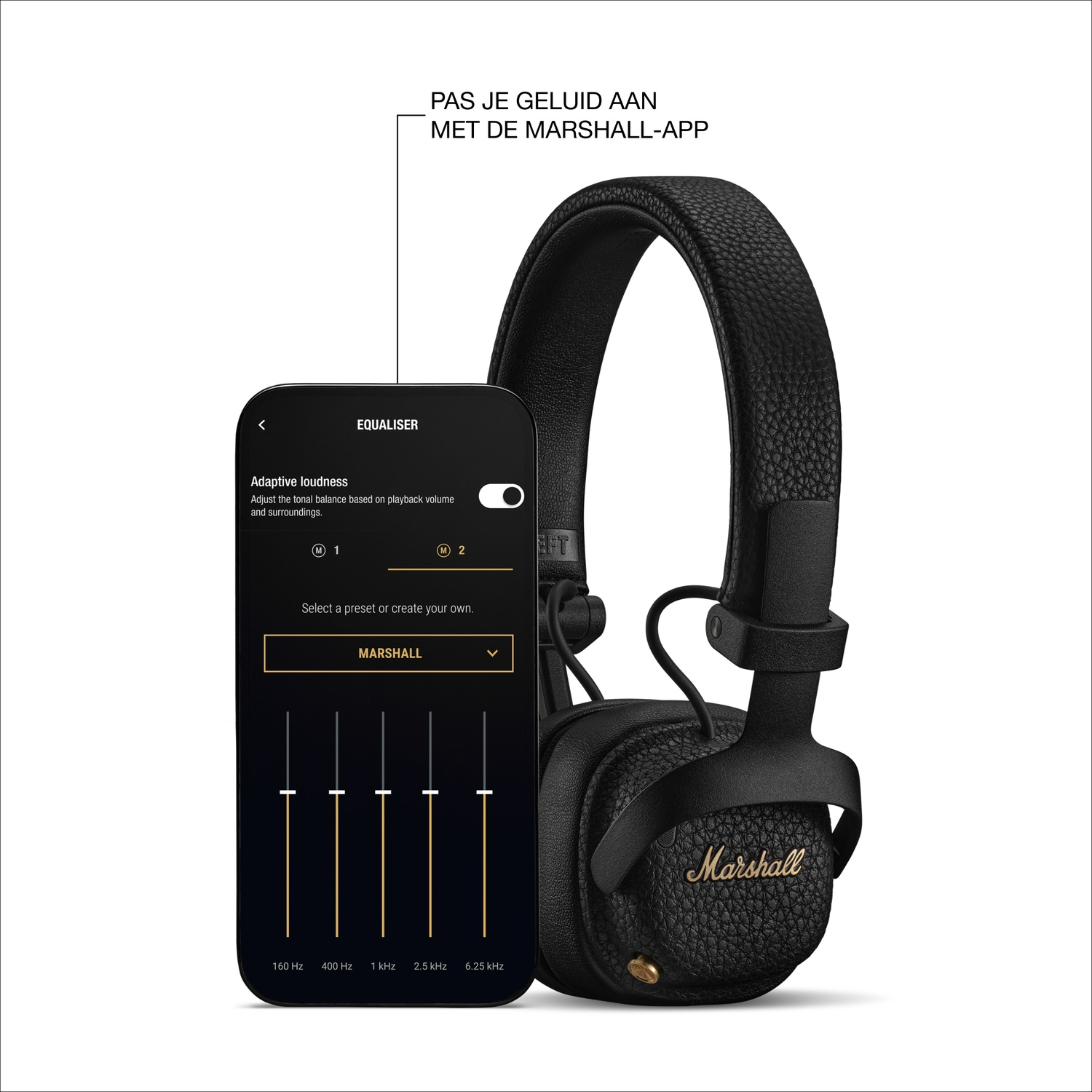 Zwarte Marshall koptelefoon met app-interface voor geluidsaanpassing.